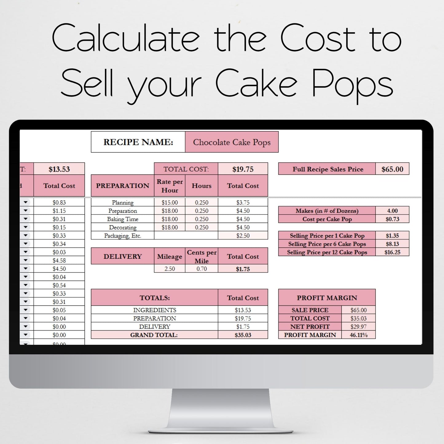 Cake Pop Pricing Calculator Google Sheets and Excel | Bakery Cost Spreadsheet & Profit Margin Template