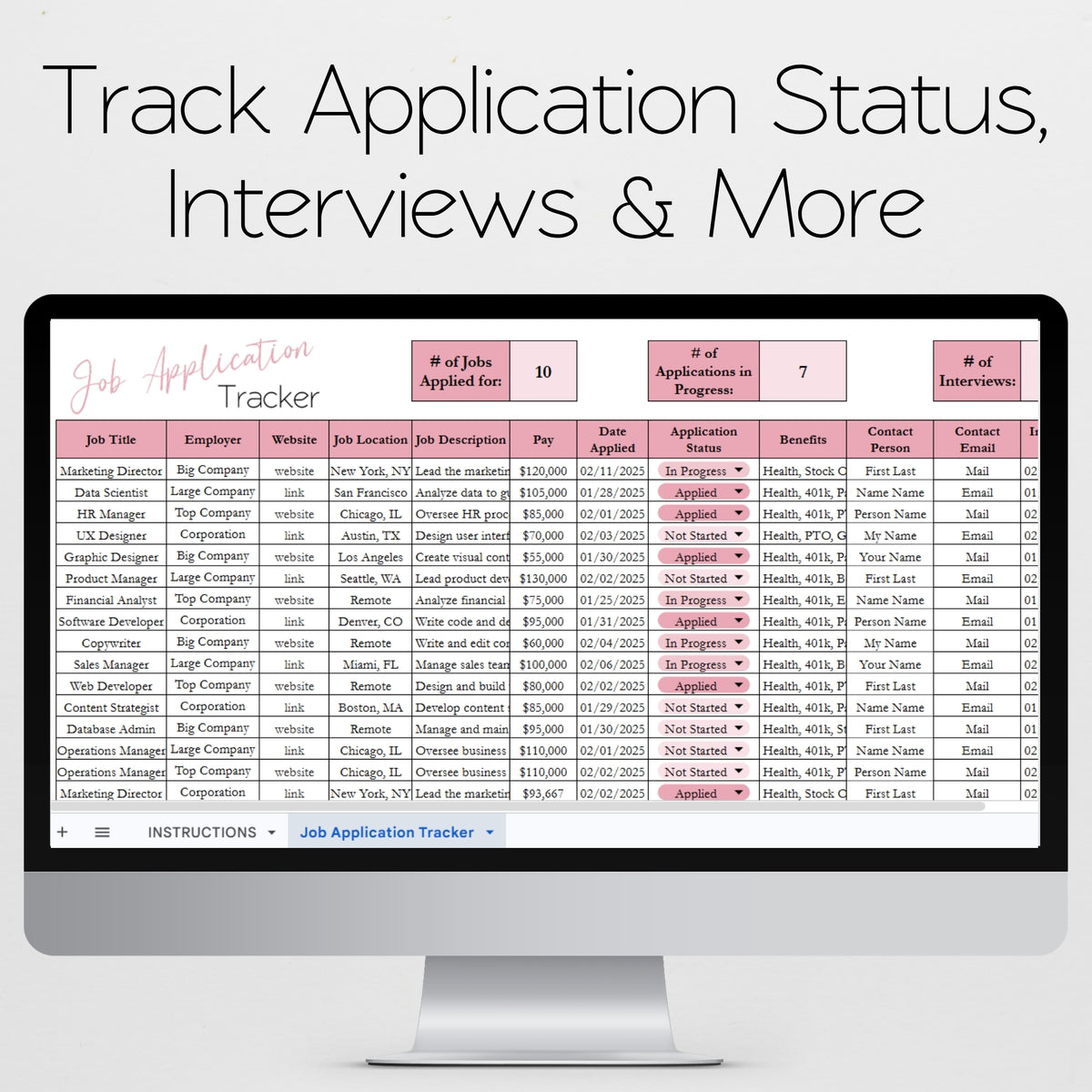 Job Application Tracker Excel Spreadsheet and Google Sheets Template ...