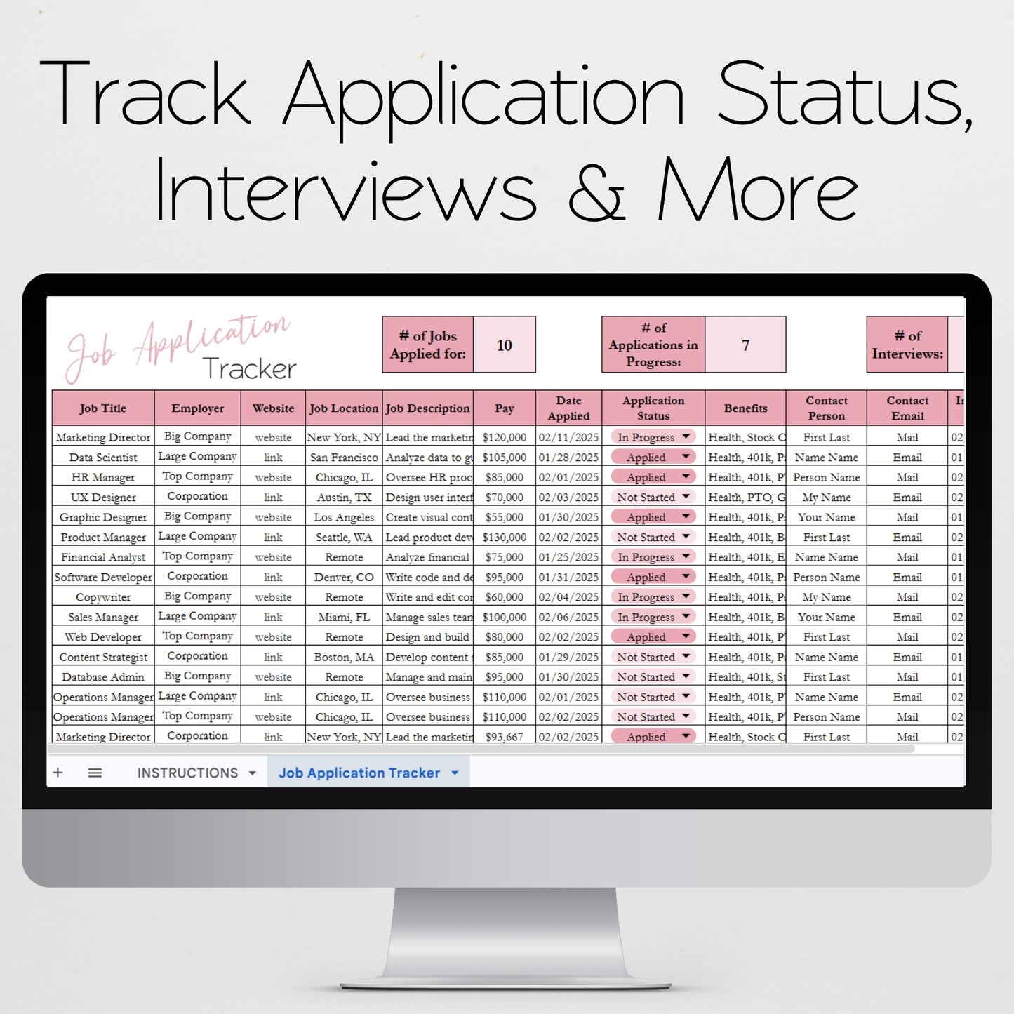 Job Application Tracker Excel Spreadsheet and Google Sheets Template
