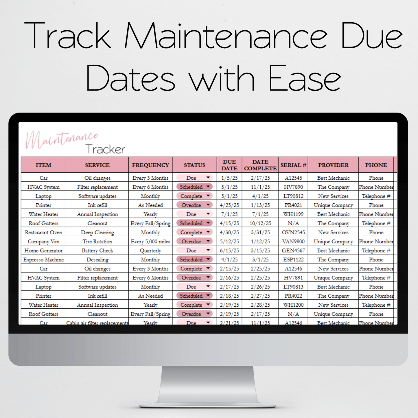 Maintenance Tracker Template for Google Sheets and Excel Spreadsheet