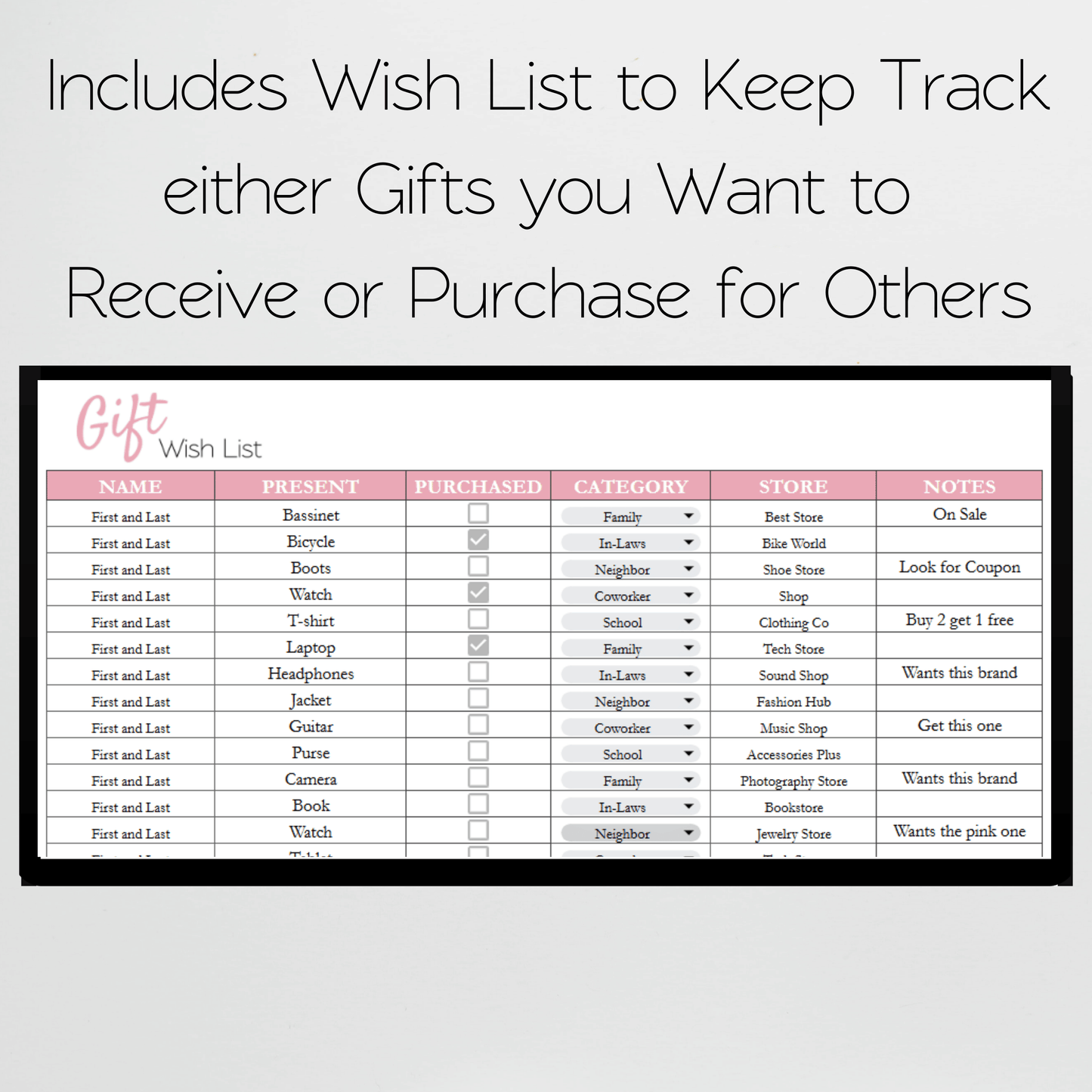 Gift Tracker for Baby Shower Gift Log, Bridal Shower Gift List Template Excel Spreadsheet and Google Sheets