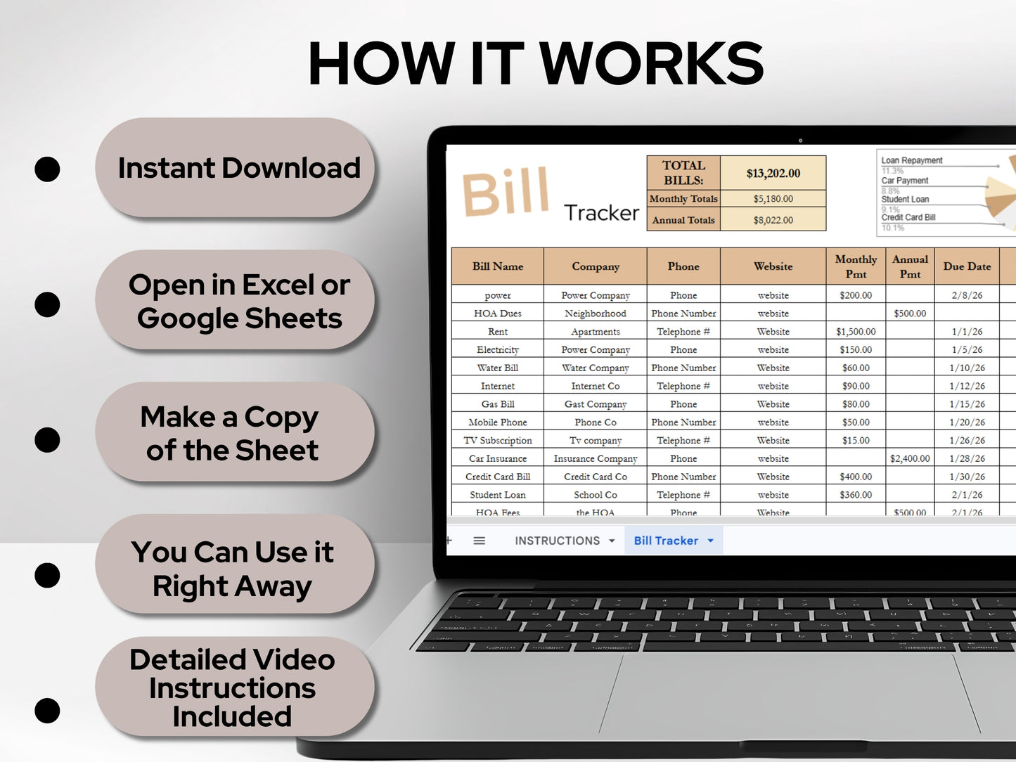 Bill Payment Tracker: Minimalist Monthly Expense Spreadsheet Template (Google Sheets & Excel)