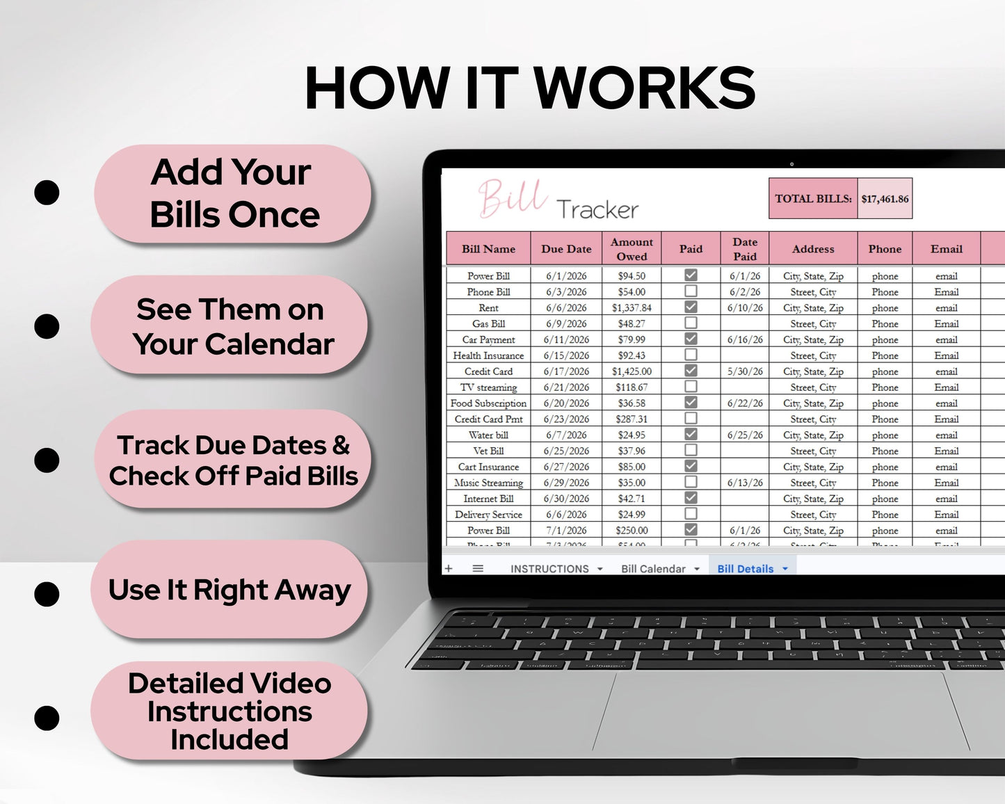 Monthly Bill Calendar Spreadsheet | Google Sheets & Excel Bill Tracker Template with Dynamic Calendar
