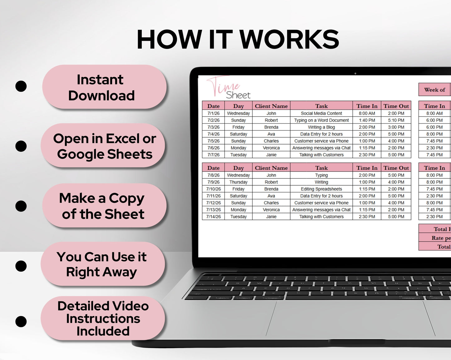 Timesheet Calculator Spreadsheet Template Google Sheets and Excel | Employee Hours Tracker | Pay Calculator