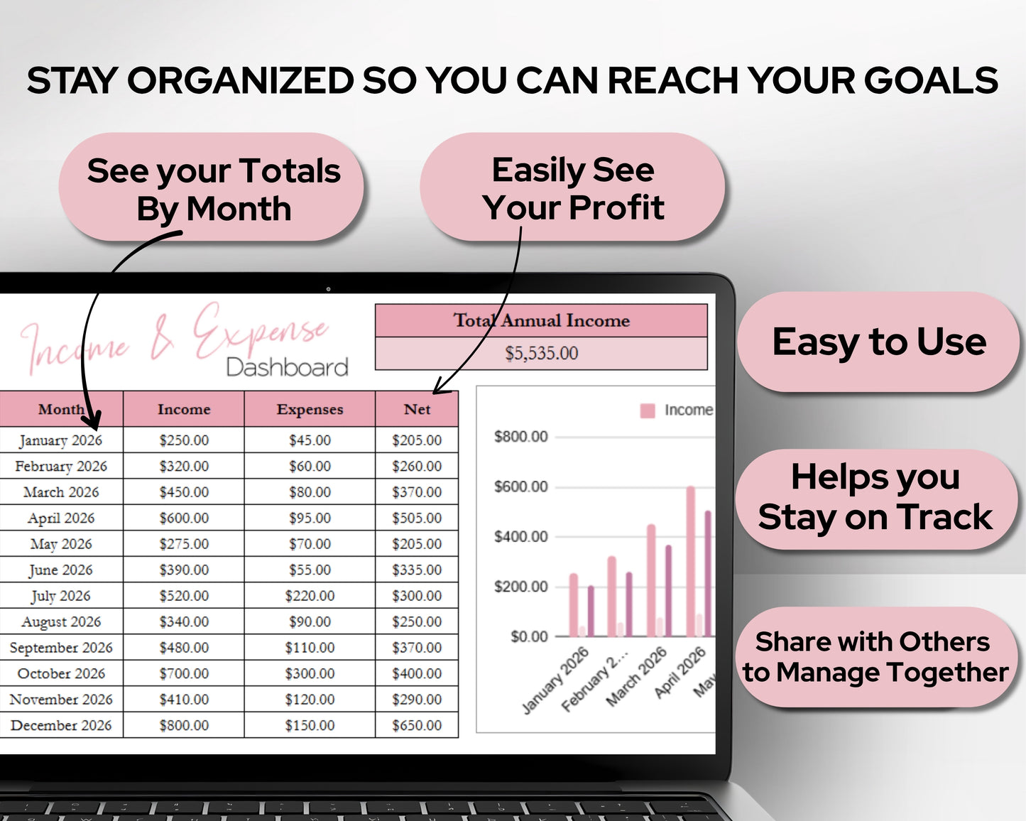 Income & Expense Tracker Spreadsheet Template - Google Sheets and Excel Bookkeeping Template | Monthly & Annual Financial Dashboard