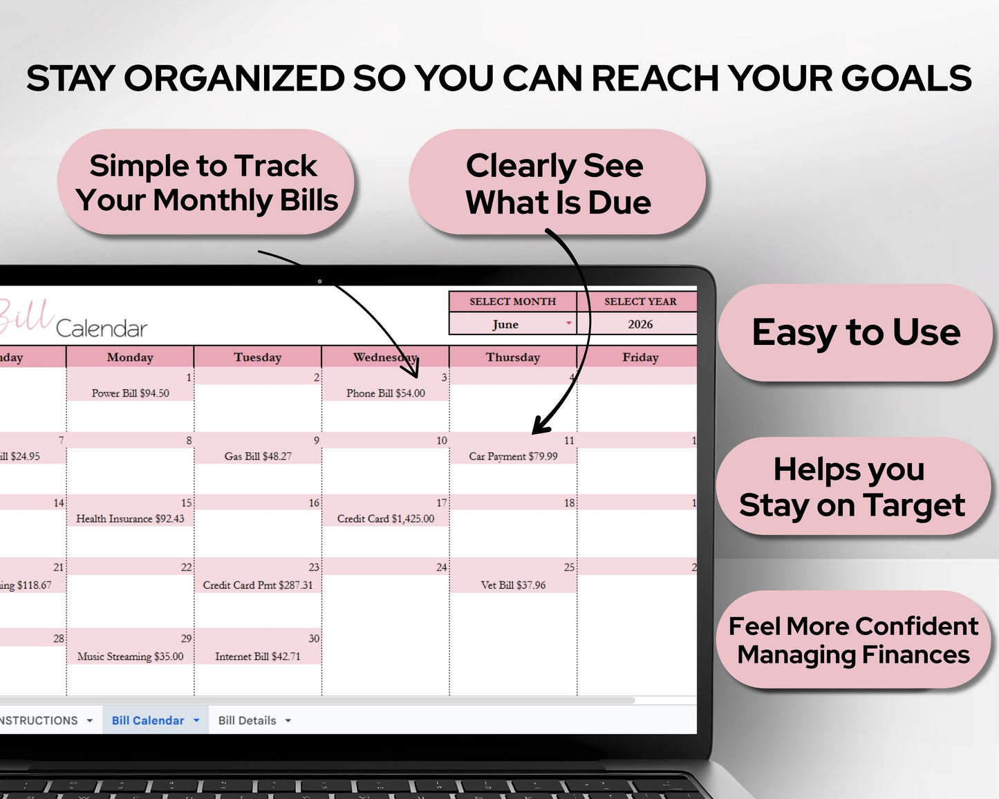 Monthly Bill Calendar Spreadsheet | Google Sheets & Excel Bill Tracker Template with Dynamic Calendar
