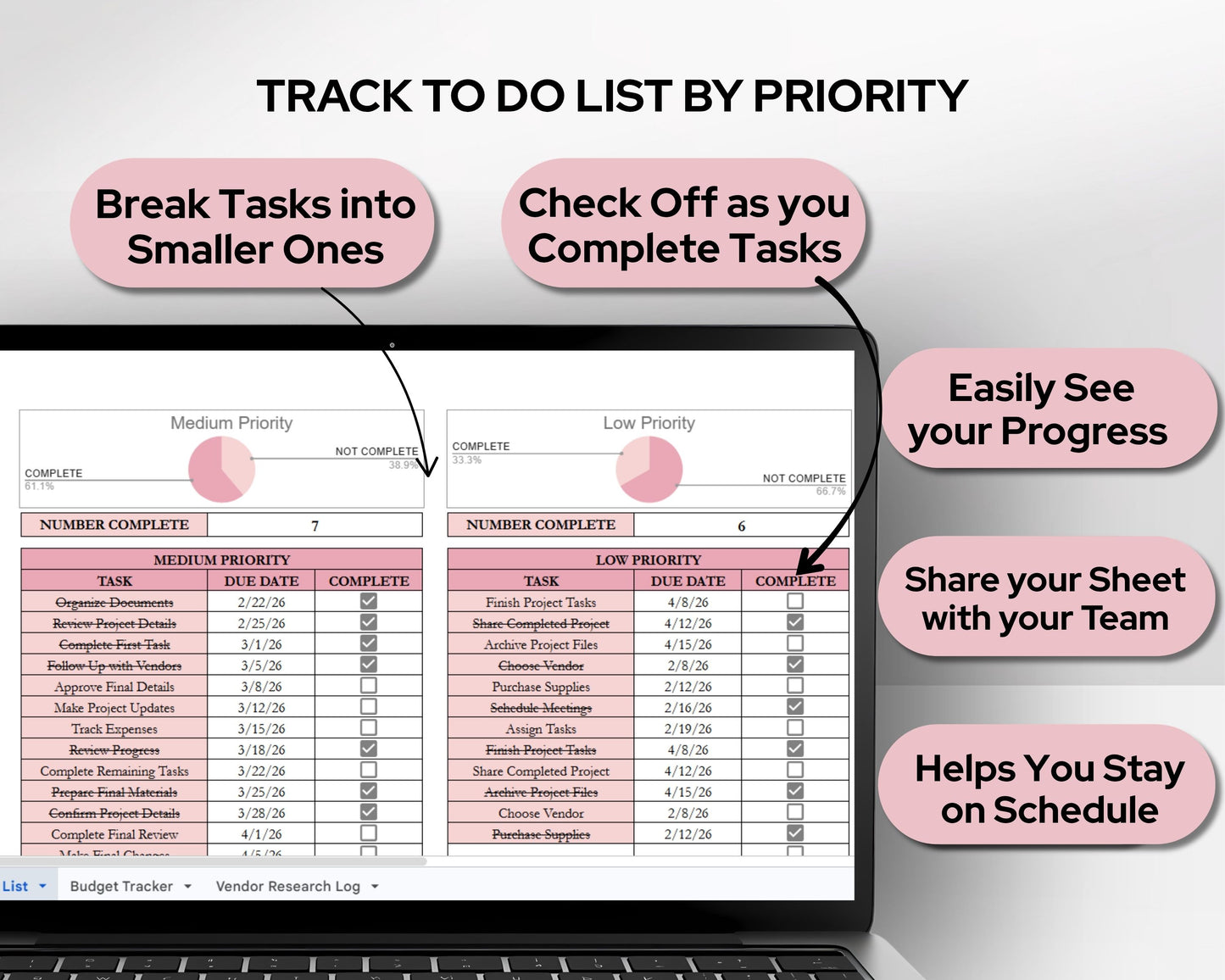 Project Tracker Template Spreadsheet | Project Management Planner for Tasks, Budget, Timeline & Vendor Tracking