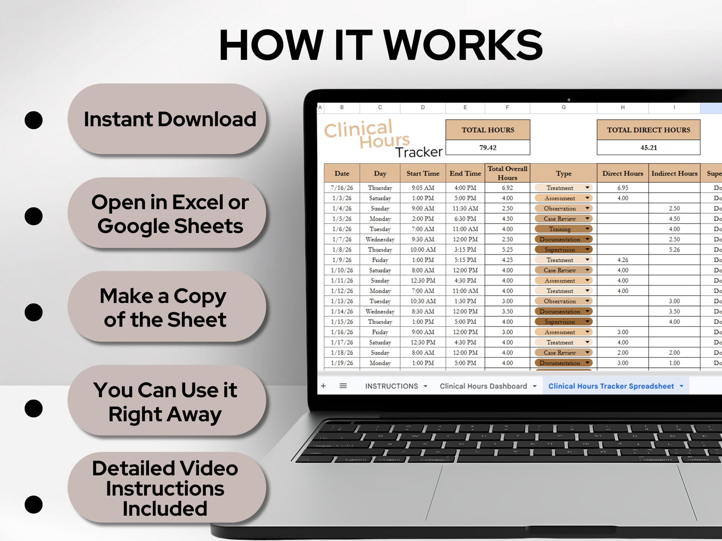 Clinical Hours Tracking Sheet: (Google Sheets & Excel Template) - A Simple Spreadsheet, Stay Organized While in School