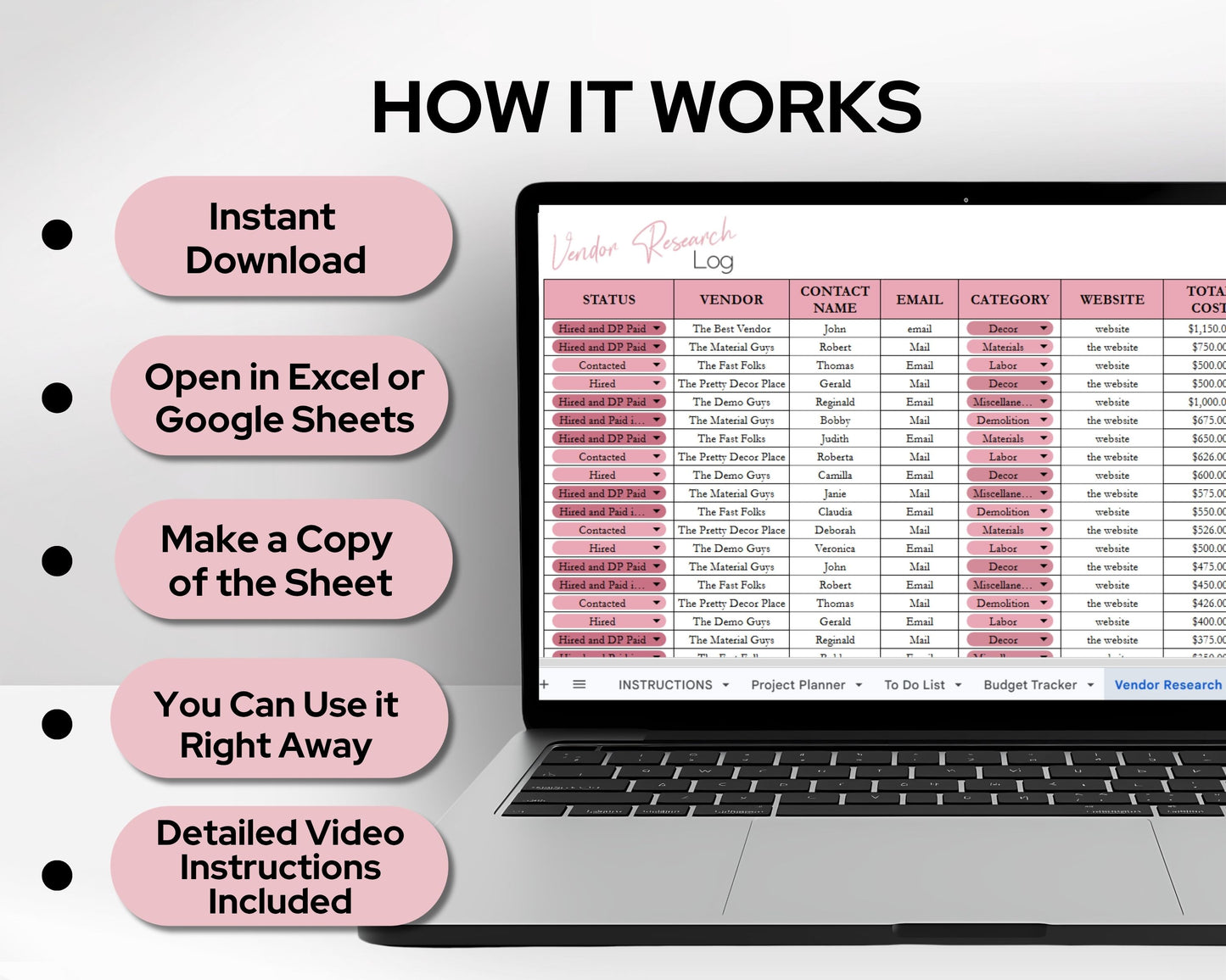 Project Tracker Template Spreadsheet | Project Management Planner for Tasks, Budget, Timeline & Vendor Tracking