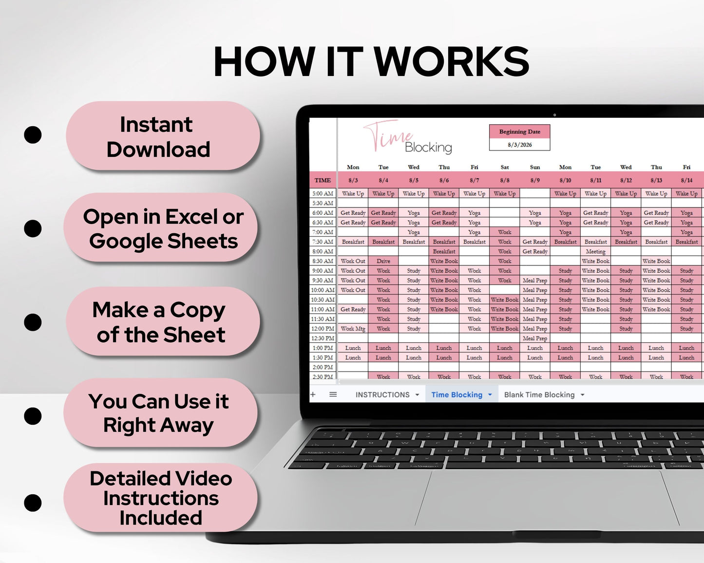 Time Blocking Spreadsheet Template | Google Sheets & Excel Daily Schedule Planner for Time Management