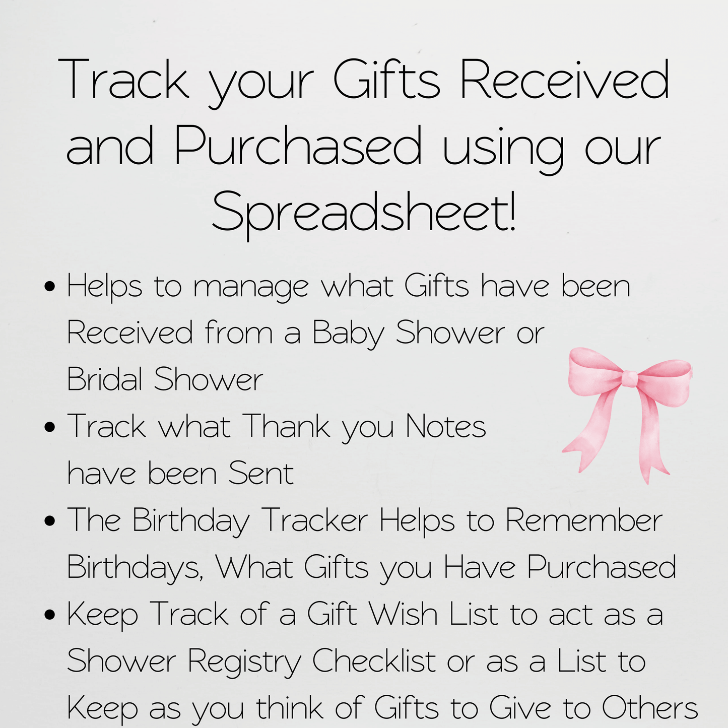 Gift Tracker for Baby Shower Gift Log, Bridal Shower Gift List Template Excel Spreadsheet and Google Sheets