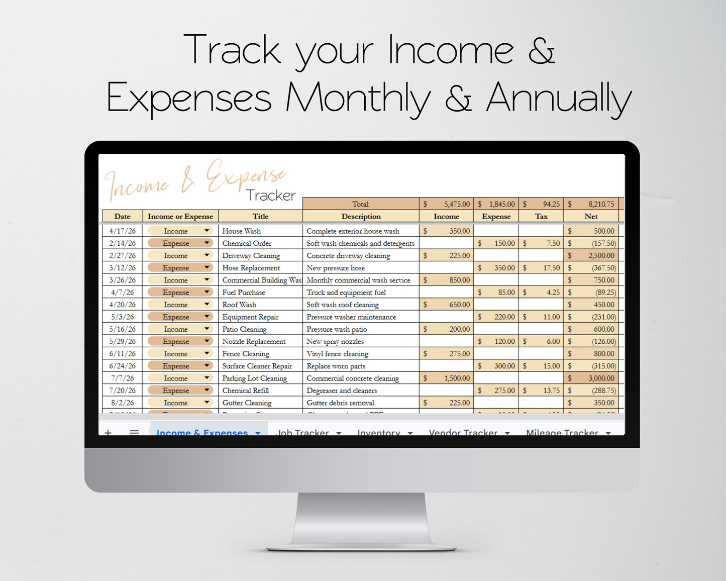 Pressure Washing Business Template Bundle - Google Sheets & Excel - Income and Expenses, Schedule, Job and Client Tracking