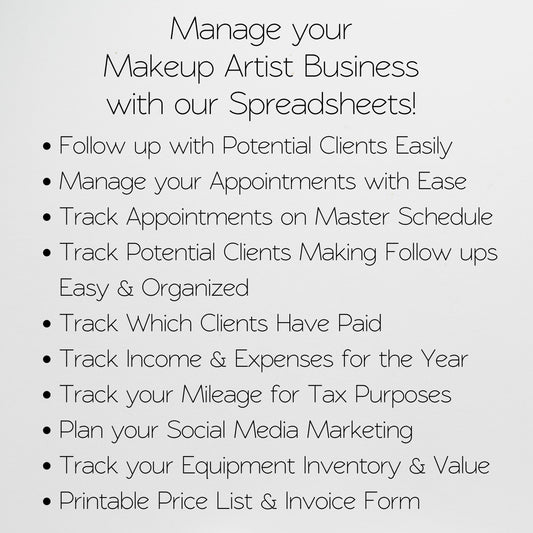 Makeup Artist Business Bundle Google Sheet and Excel Spreadsheet Template | Client Tracker, Appointment Planner, Income Tracker & Business Spreadsheet for Makeup Artists