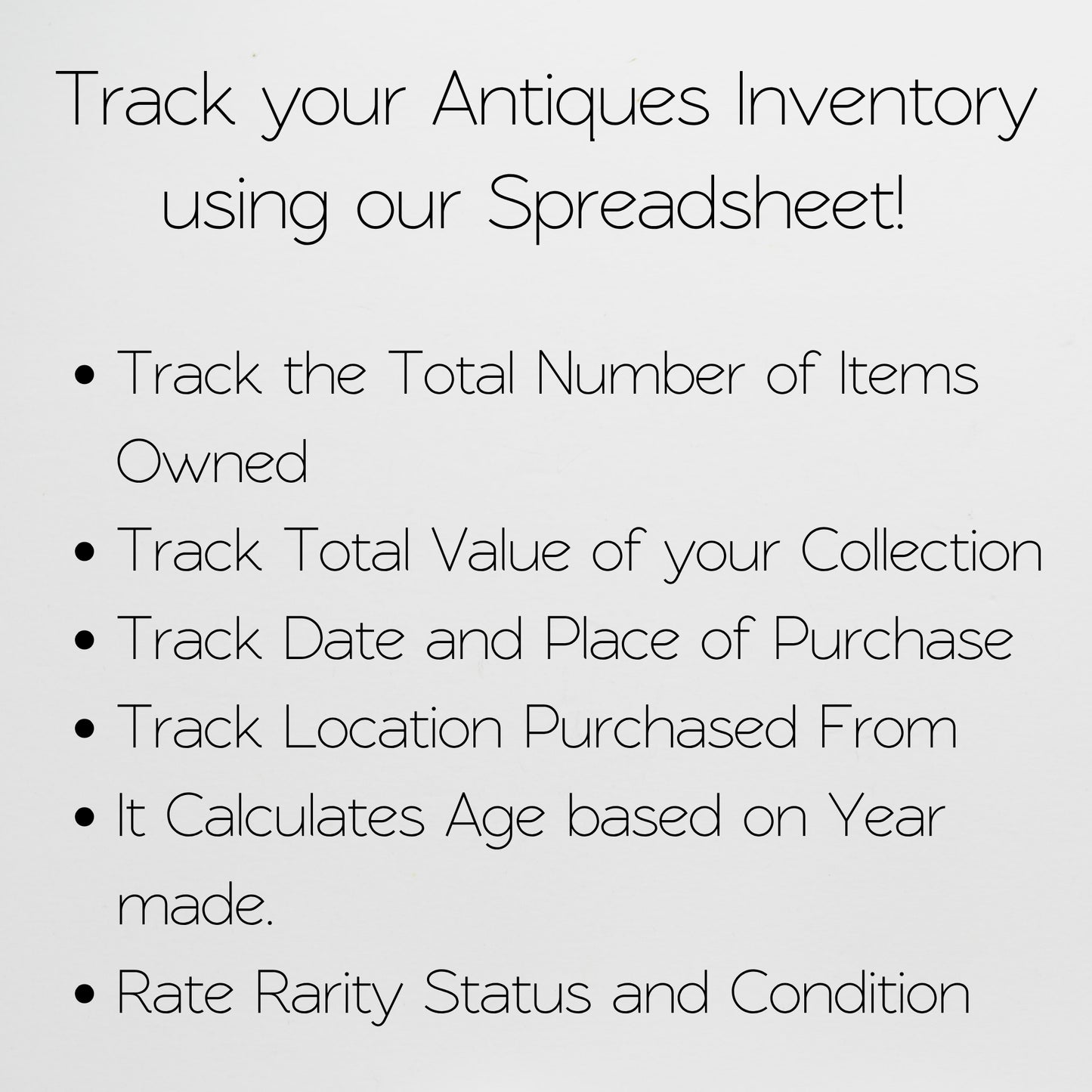 Antiques Inventory Tracker Template Google Sheets and Excel Spreadsheet