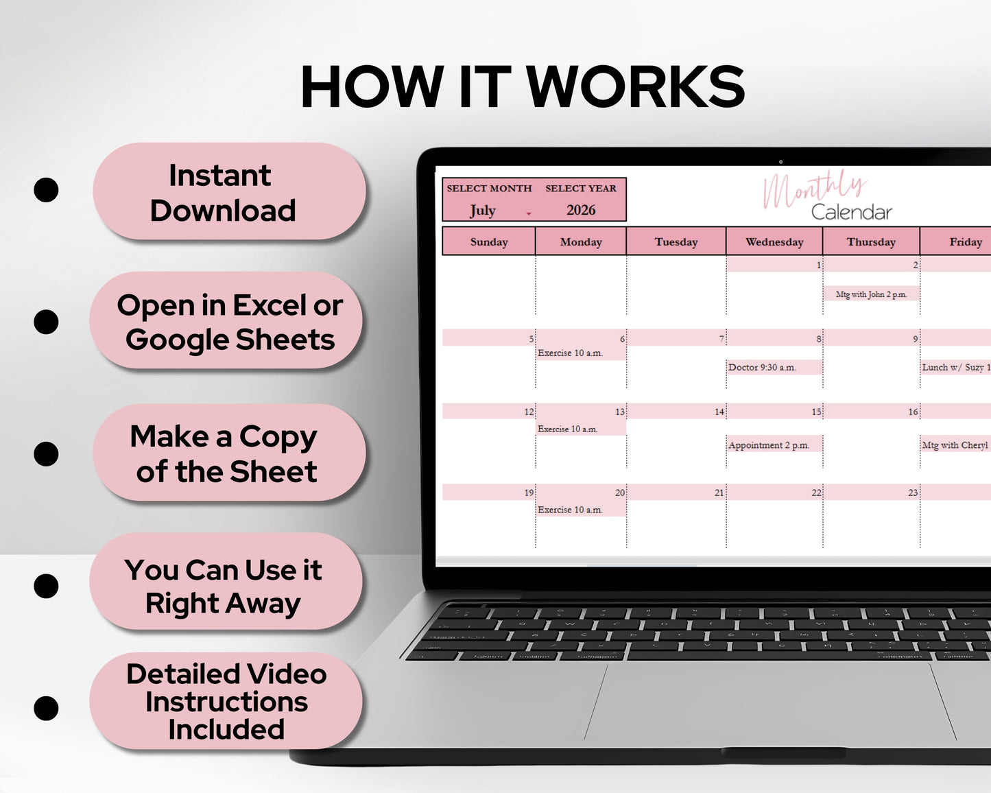 Google Sheets Monthly Calendar | Digital Planner Template with Recurring Weekly Schedule - Google Sheet and Excel Spreadsheet Template