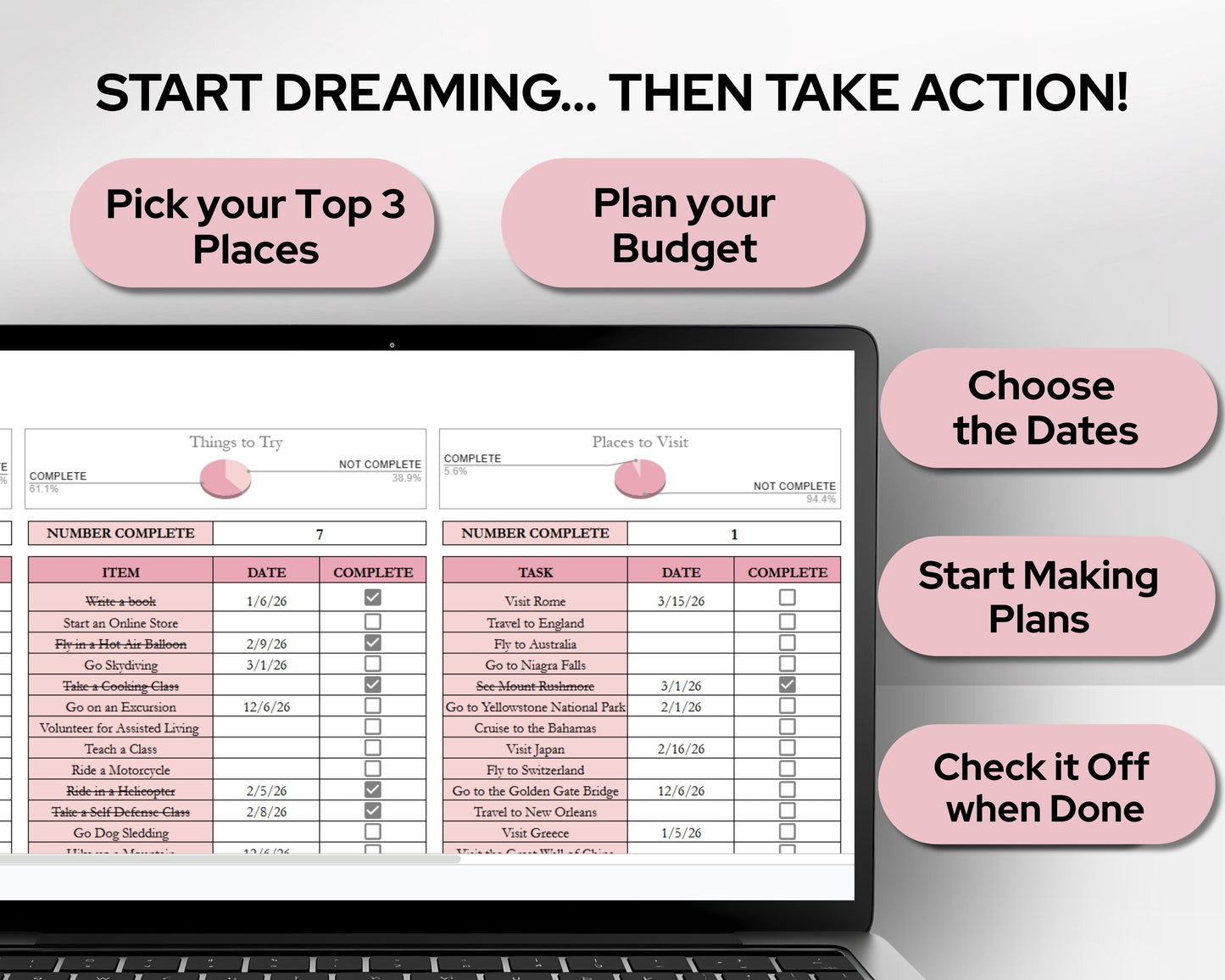 Bucket List Planner Spreadsheet Template for Google Sheets & Excel | Travel & Life Goals