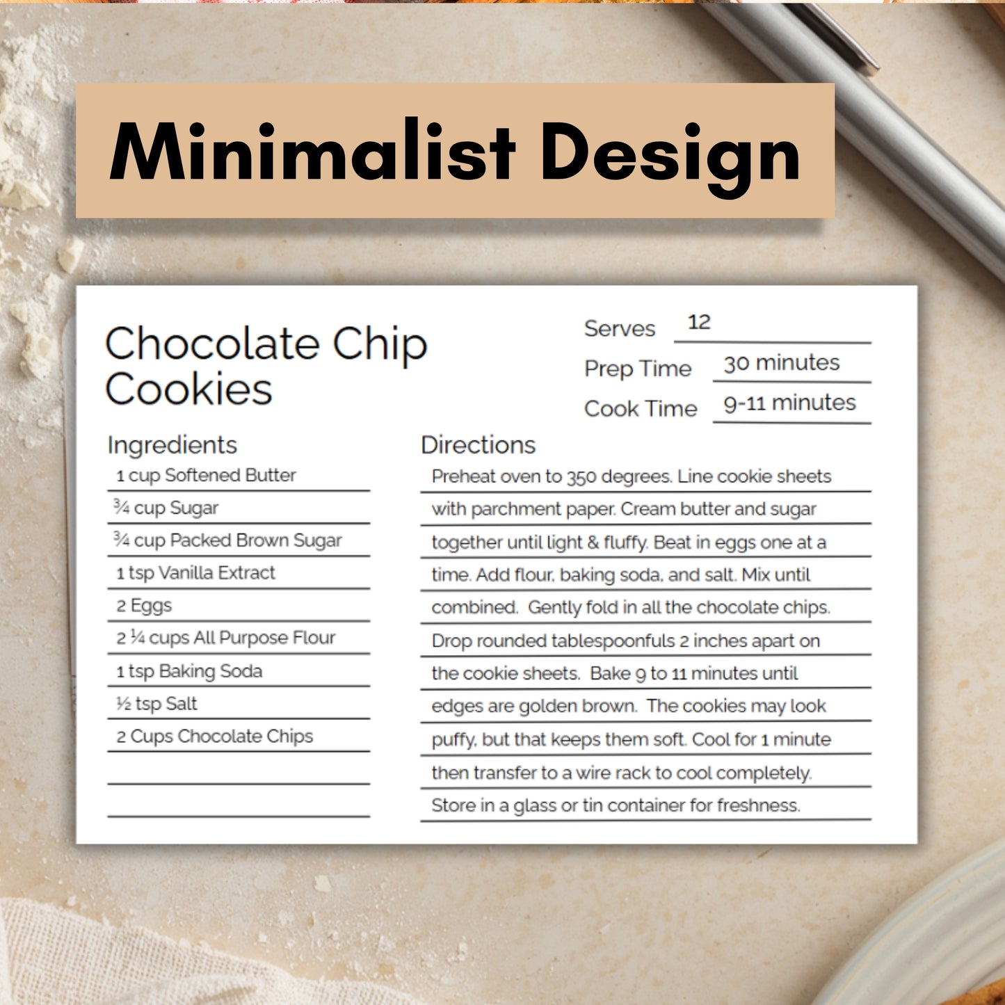 Recipe Card Template - Editable Canva, Digital Download, Minimalist - Comes in 3 Sizes 3 x 5, 4 x 6, Letter