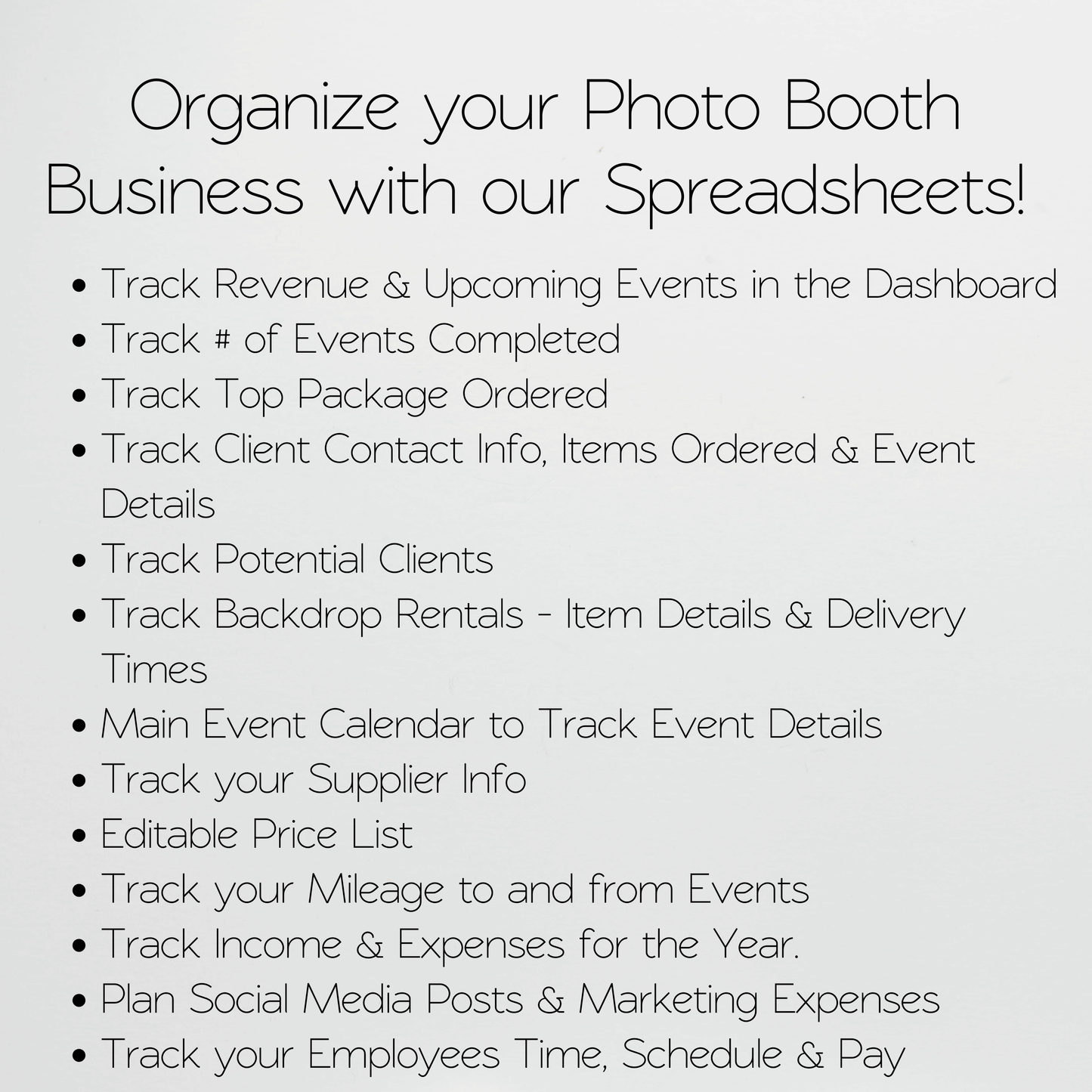 Photo Booth Business Planner Template Bundle Google Sheet and Excel Spreadsheet  - How to Organize and Manage your Business
