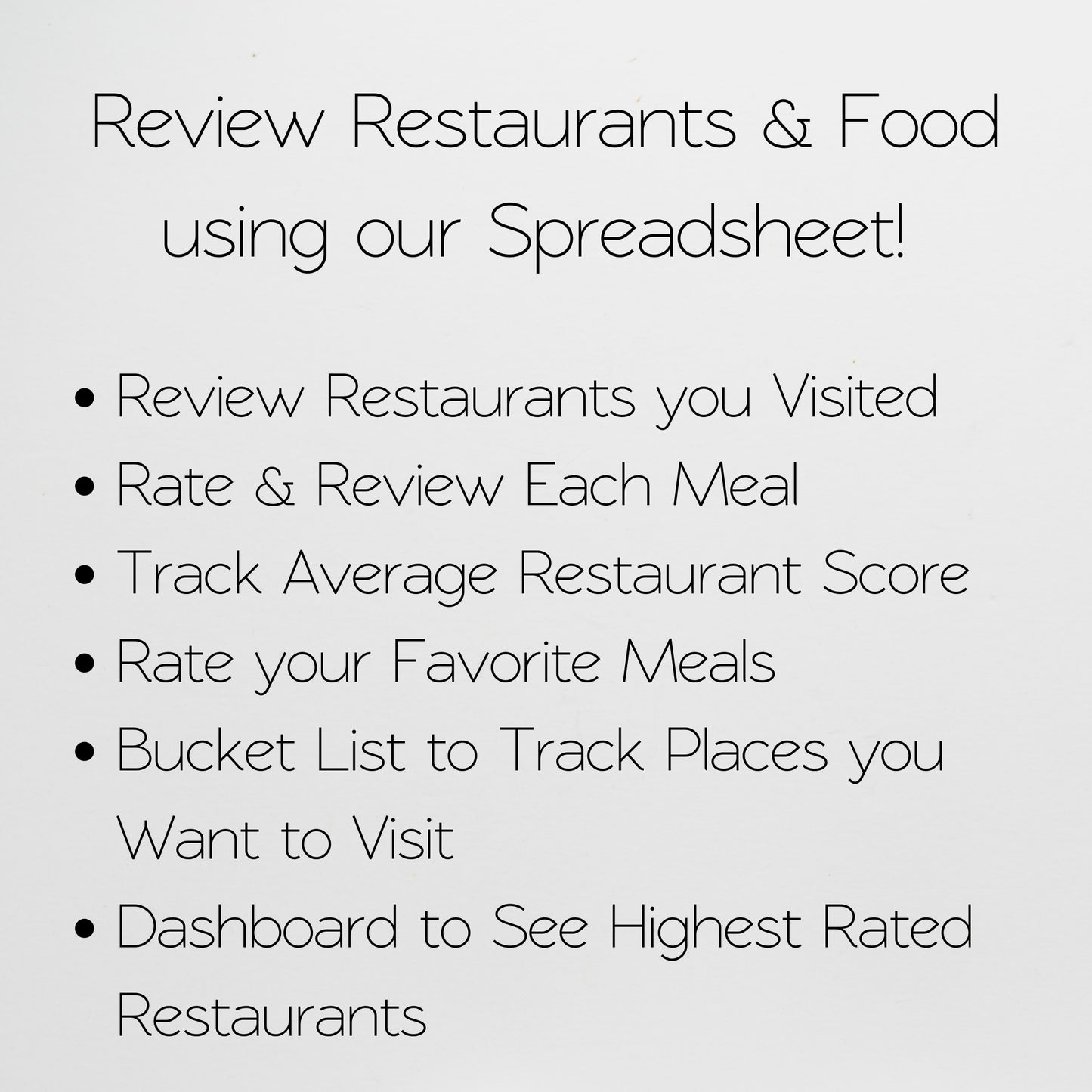 Foodie Review Journal Template Google Sheets and Excel Spreadsheet - Favorite Restaurant Tracker