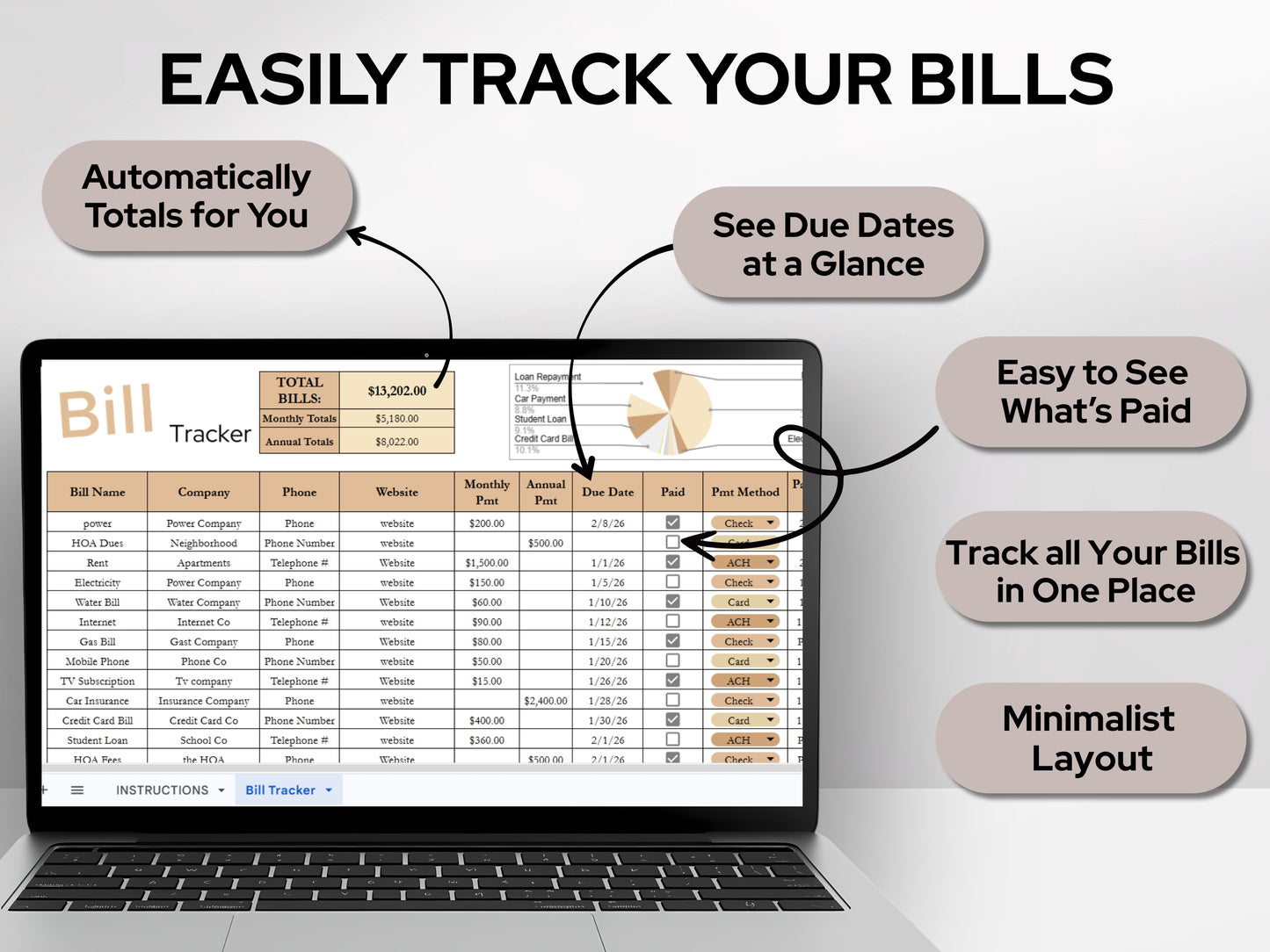 Bill Payment Tracker: Minimalist Monthly Expense Spreadsheet Template (Google Sheets & Excel)