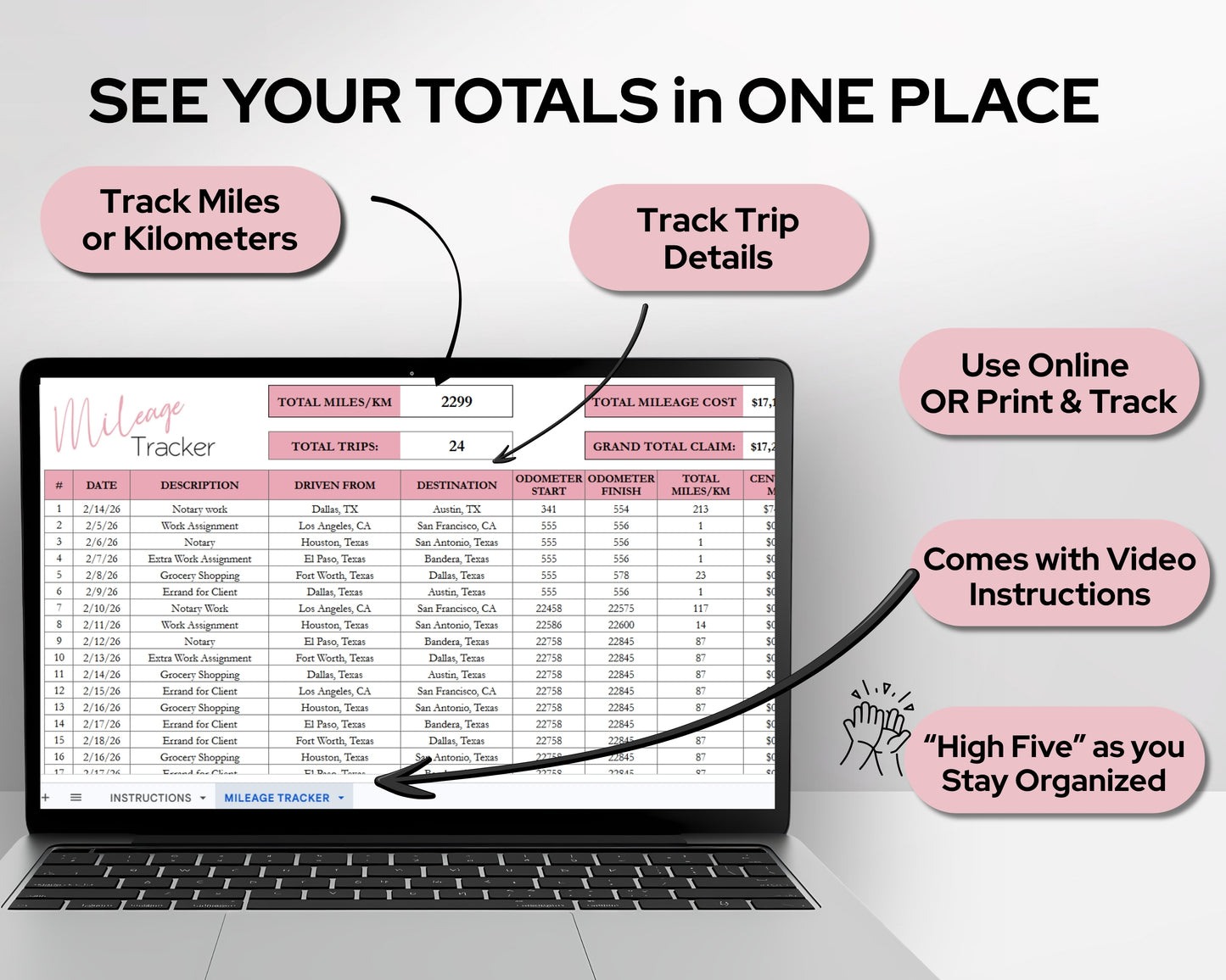 Mileage Tracker Spreadsheet for Google Sheets & Excel | Business Mileage Log & Mileage Calculator | Trip & Reimbursement Tracker