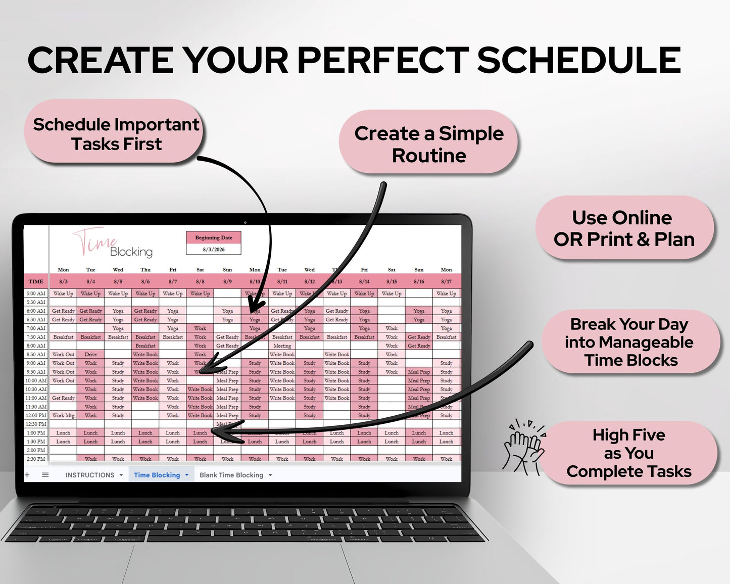 Time Blocking Spreadsheet Template | Google Sheets & Excel Daily Schedule Planner for Time Management