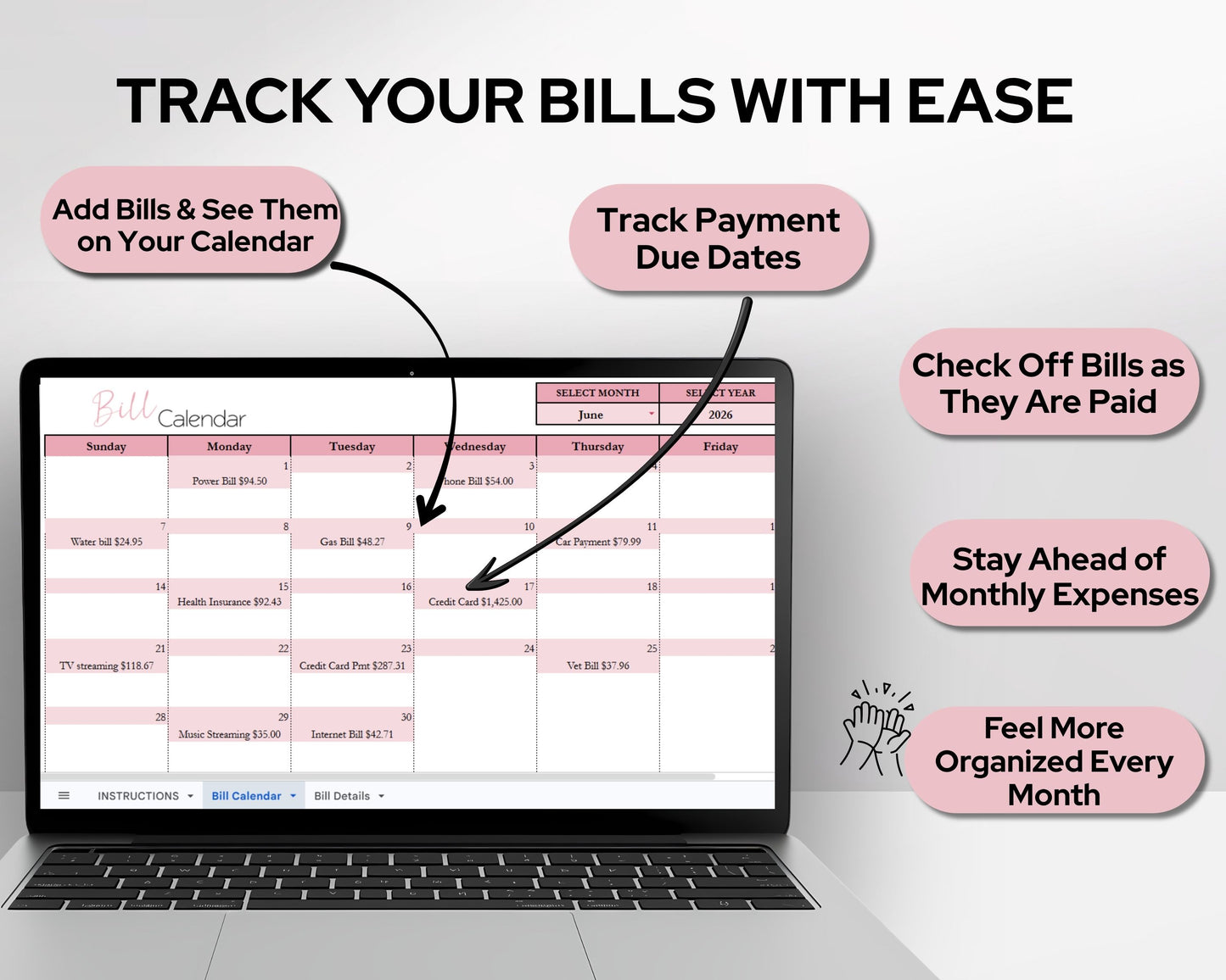 Monthly Bill Calendar Spreadsheet | Google Sheets & Excel Bill Tracker Template with Dynamic Calendar