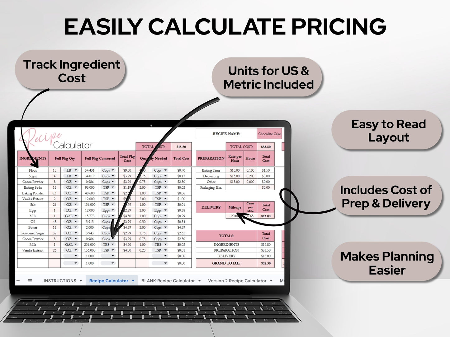 Recipe Cost Calculator Spreadsheet | Product Pricing & Profit Margin Template for Home Bakery Businesses | Google Sheets & Excel Spreadsheet Template