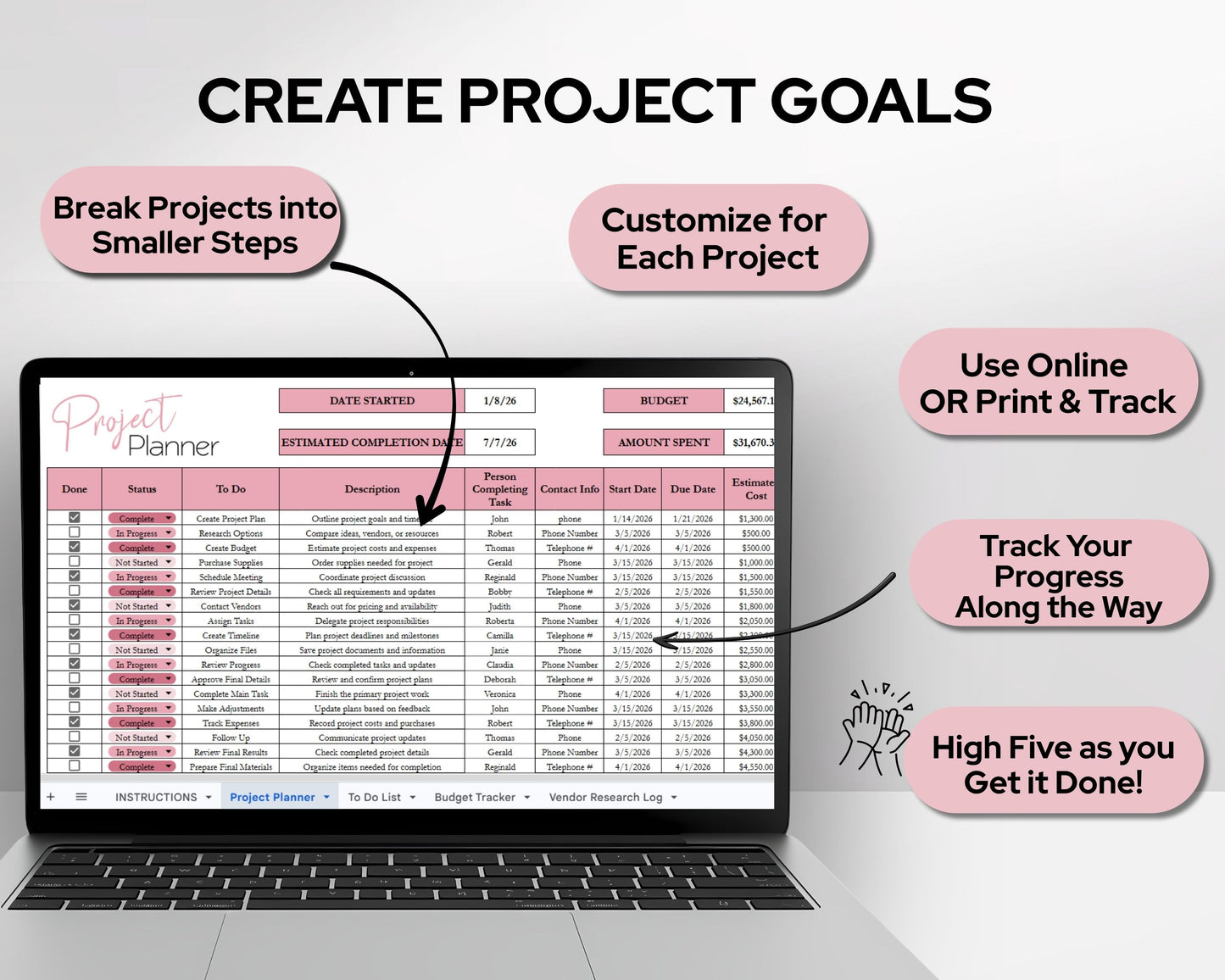 Project Tracker Template Spreadsheet | Project Management Planner for Tasks, Budget, Timeline & Vendor Tracking