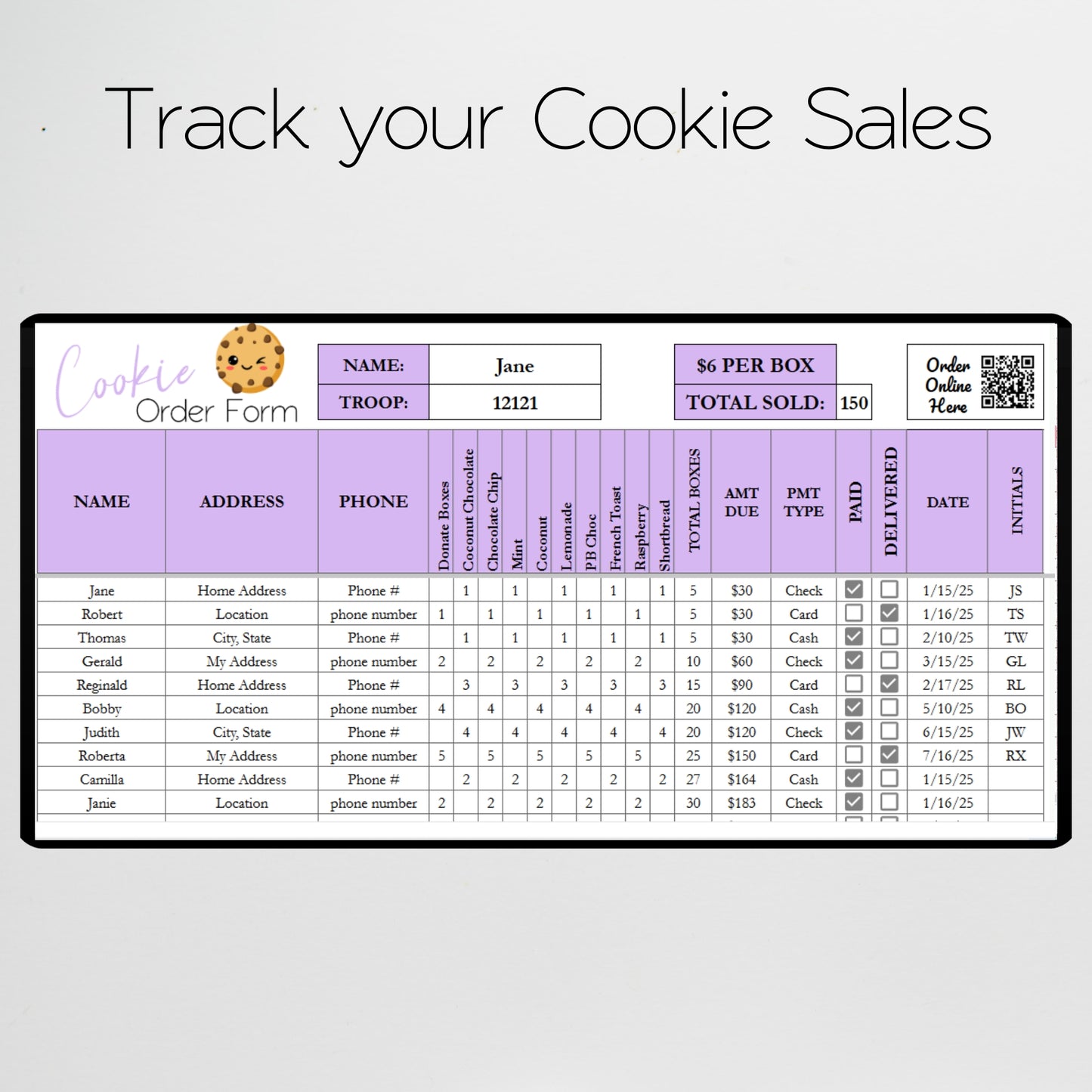 Cookie Order Form Template with QR Code Google Sheets and Excel, Printable Templates