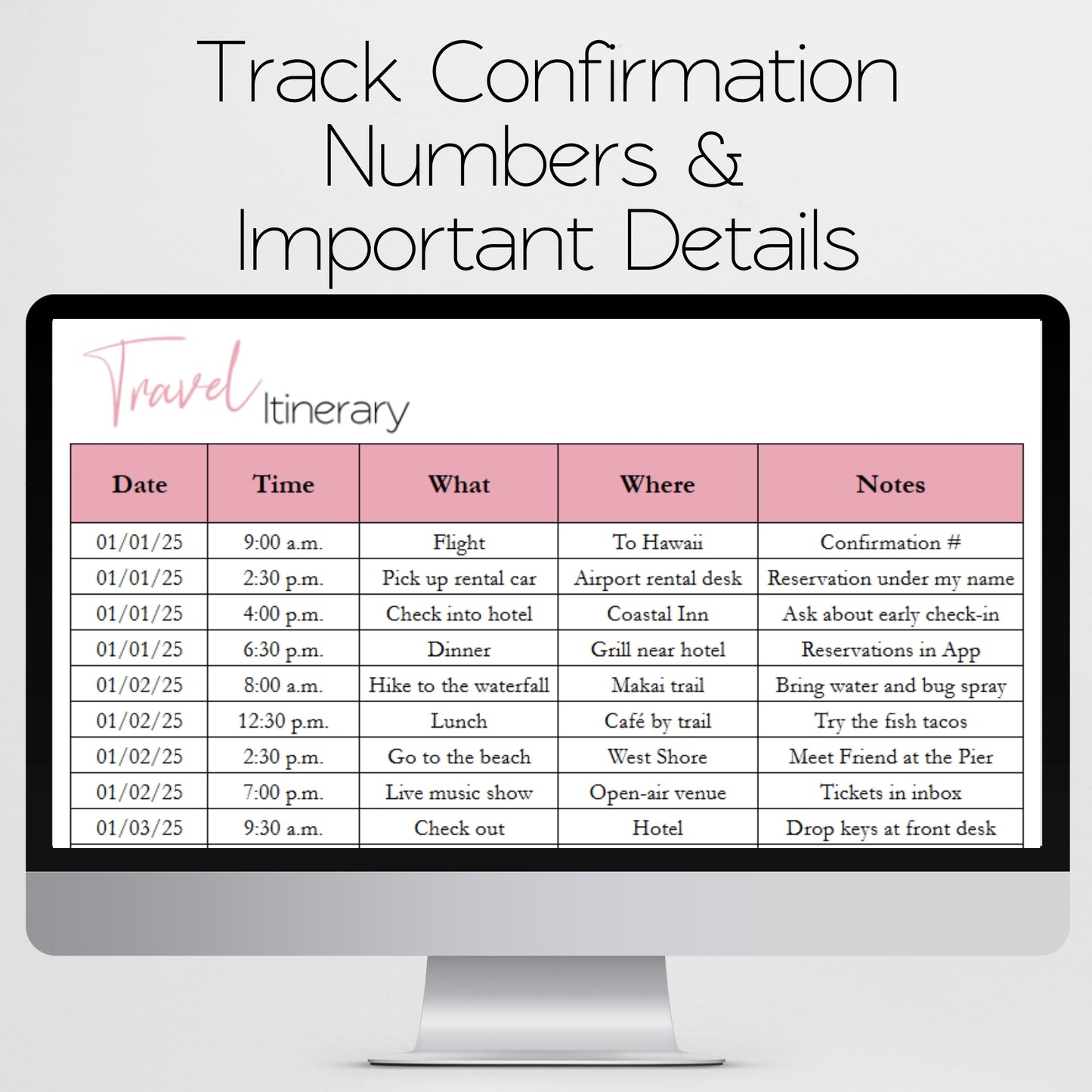 Travel Itinerary Template Google Sheets and Excel Spreadsheet