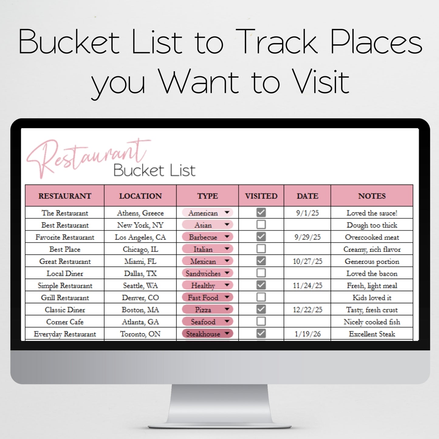 Foodie Review Journal Template Google Sheets and Excel Spreadsheet - Favorite Restaurant Tracker