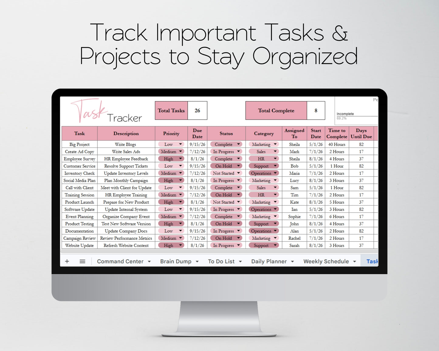 Productivity Planner for Google Sheets & Excel Spreadsheet Template | Digital Planner, Task Tracker, Goal Tracker & Time Blocking Templates