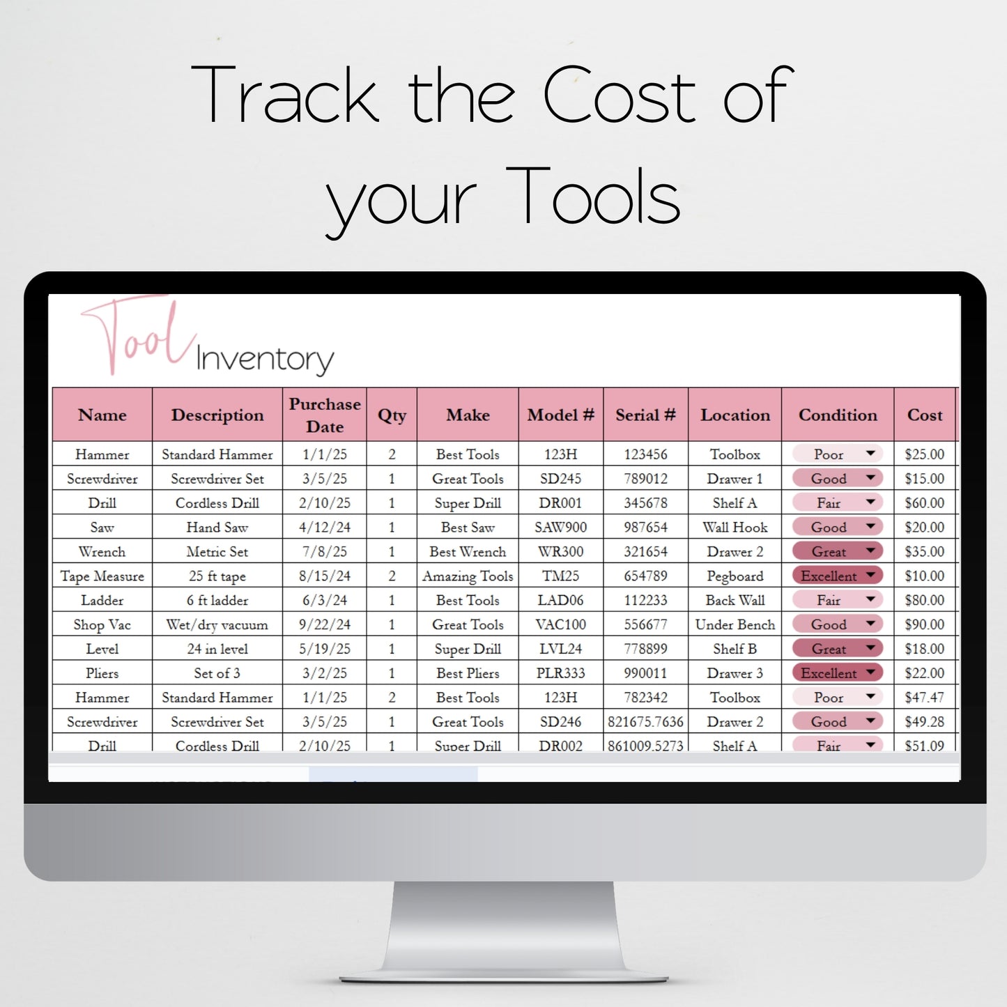 Tool Inventory Template for Google Sheets and Excel Spreadsheet