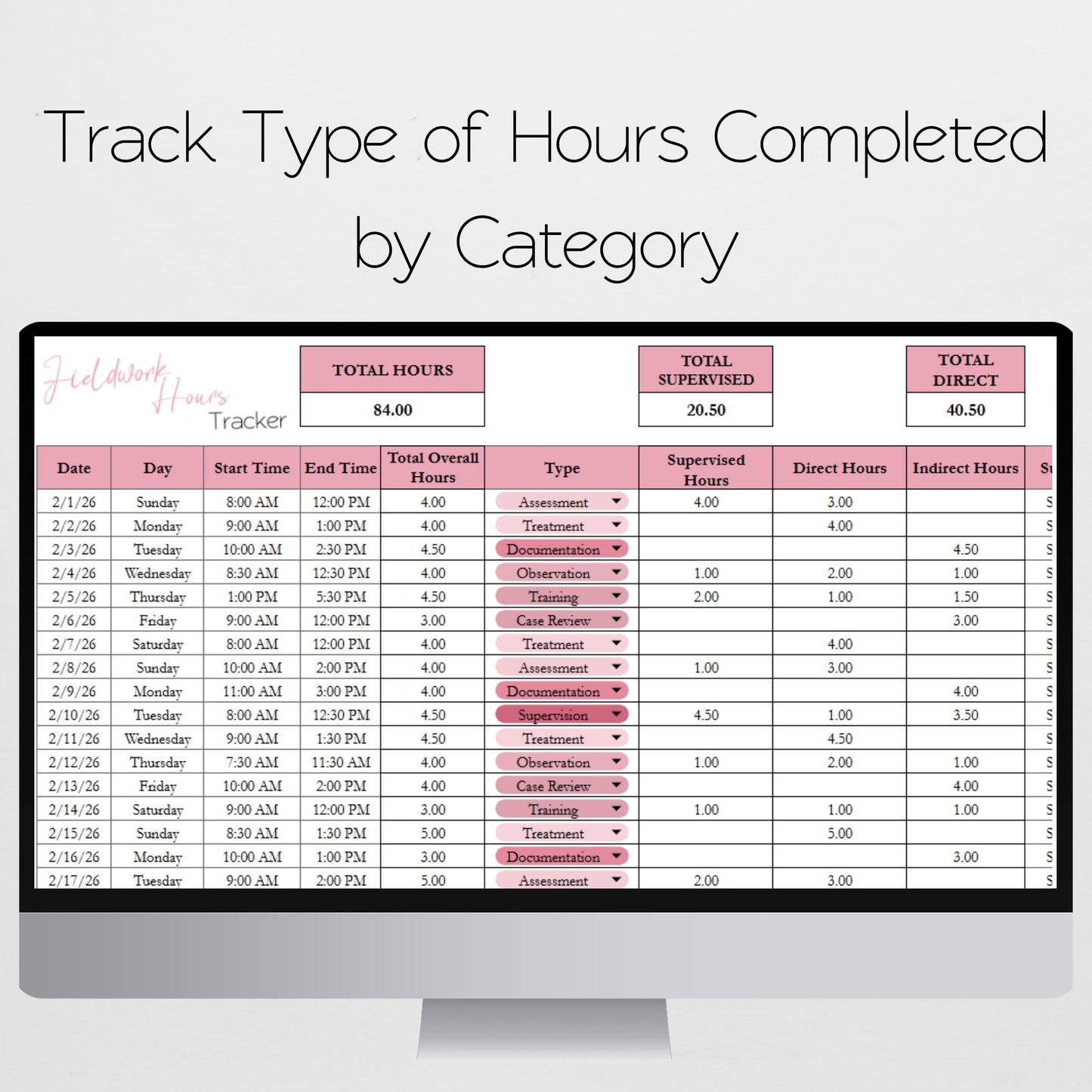 Fieldwork Hours Tracker | Clinical Internship Practicum Externship Log Spreadsheet for SLP, OT, PT, MFT, LPC | Excel & Google Sheets Template