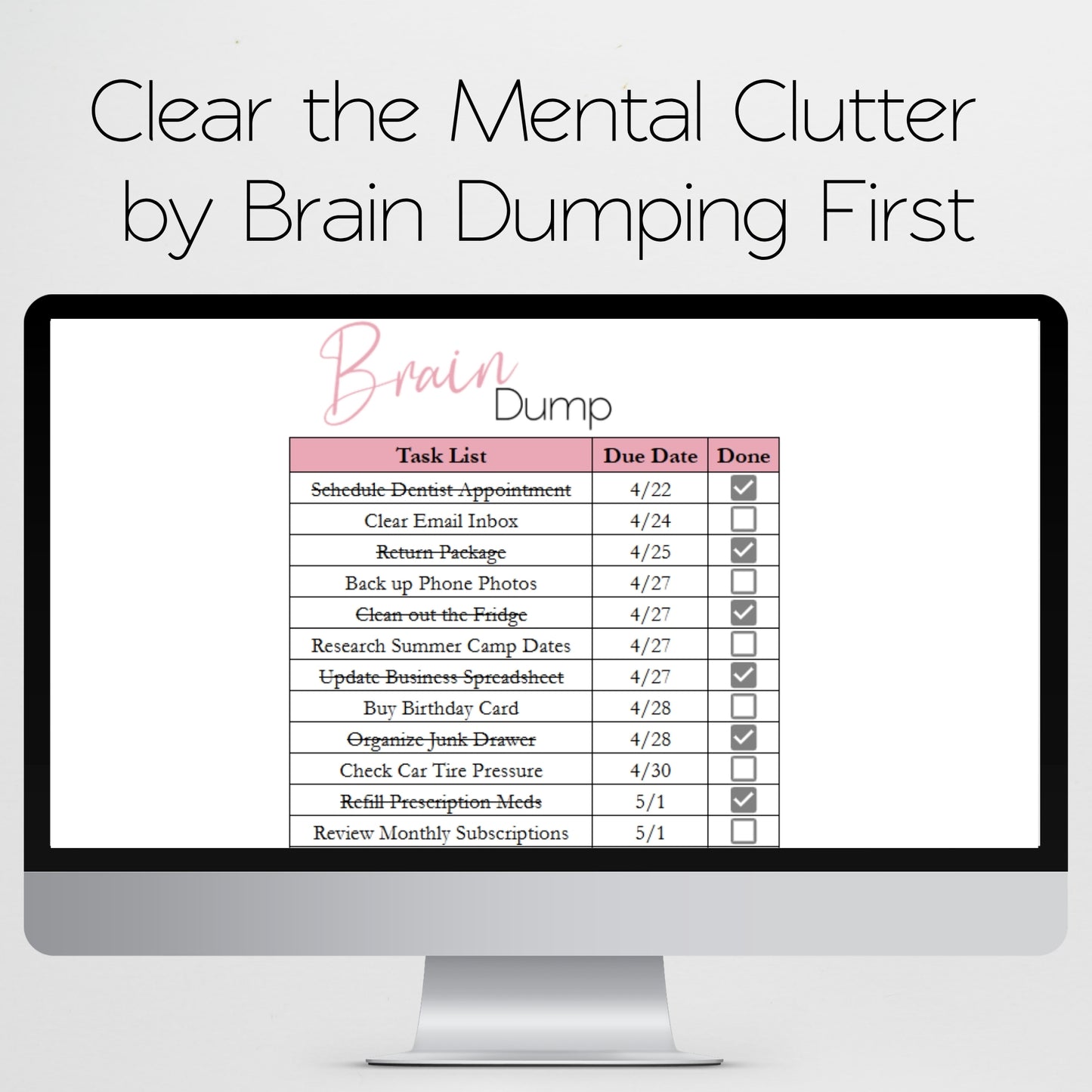 Simple To Do List Spreadsheet Template | Brain Dump & Task Tracker - Simplify for Increased Productivity, Google Sheets & Excel Template
