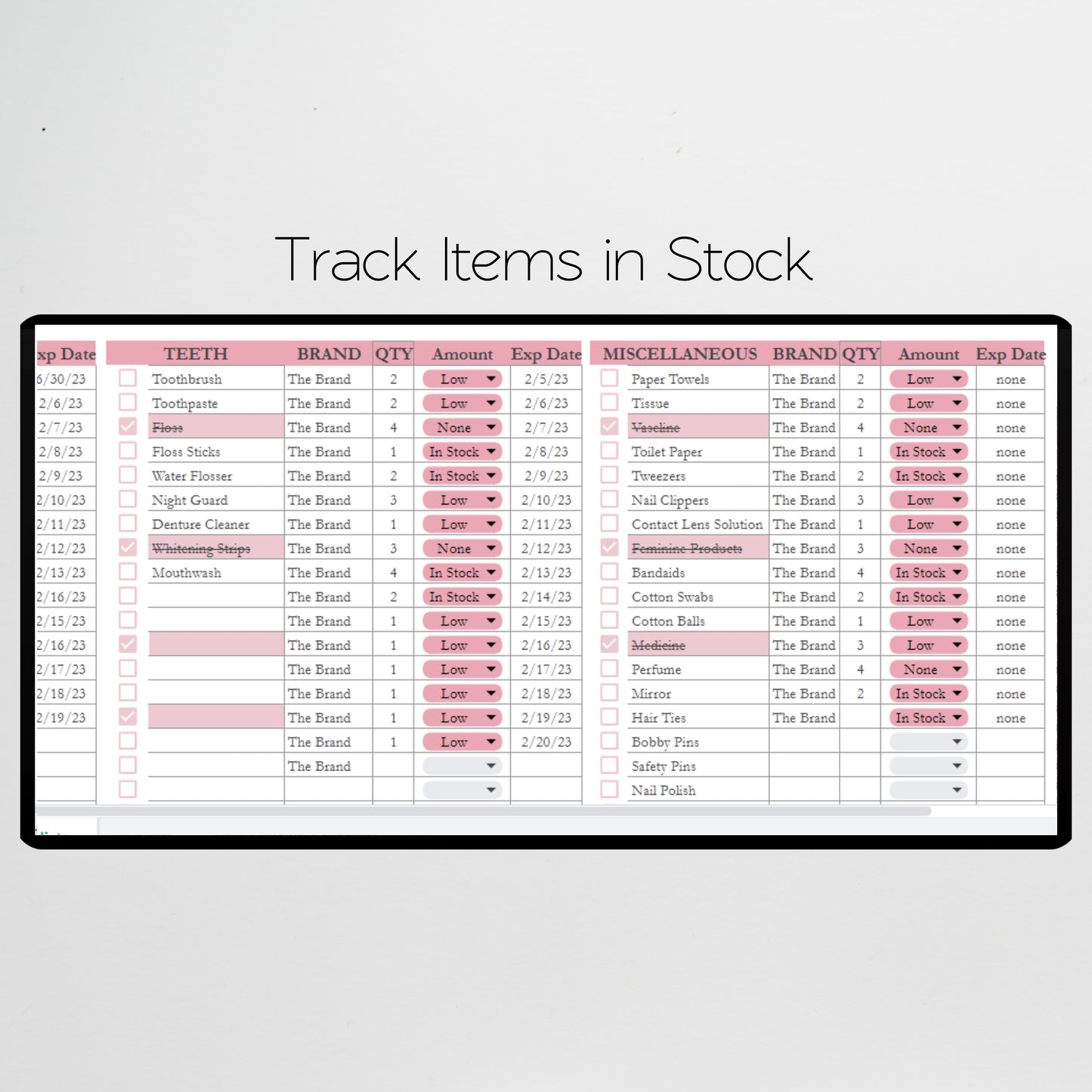 Toiletries Inventory Tracker Template Google Sheets and Excel Spreadsheet