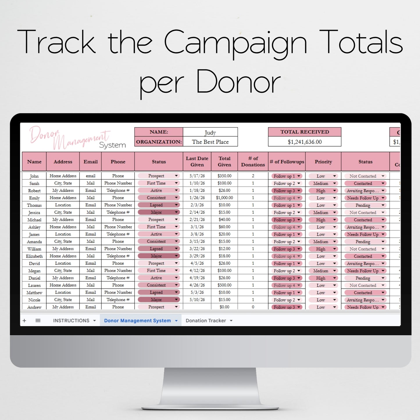 Donor Management Tracker - Stewardship, Engagement CRM & Donation Template for Google Sheets and Excel