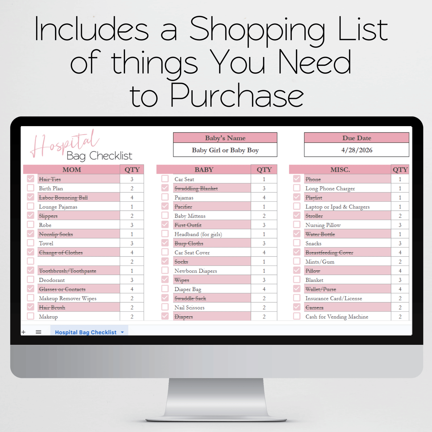 Hospital Bag Checklist Spreadsheet Template Google Sheets and Excel Spreadsheet
