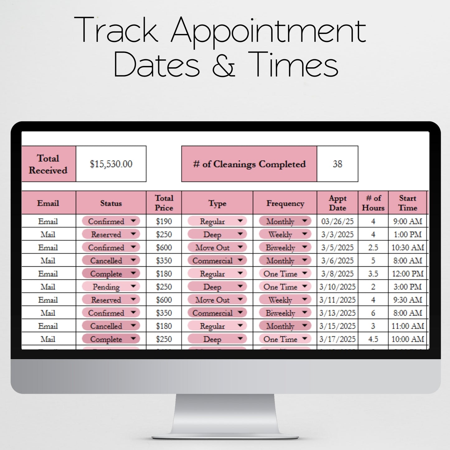 Cleaning Business Appointment Tracker Template Google Sheets and Excel Spreadsheet