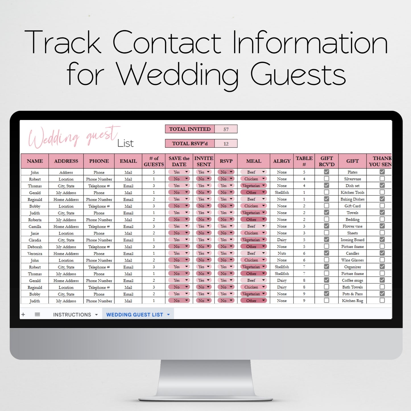Wedding Guest List Tracker Template | Google Sheets & Excel Spreadsheet - RSVP, Invitations, Save the Date, Thank you Planner