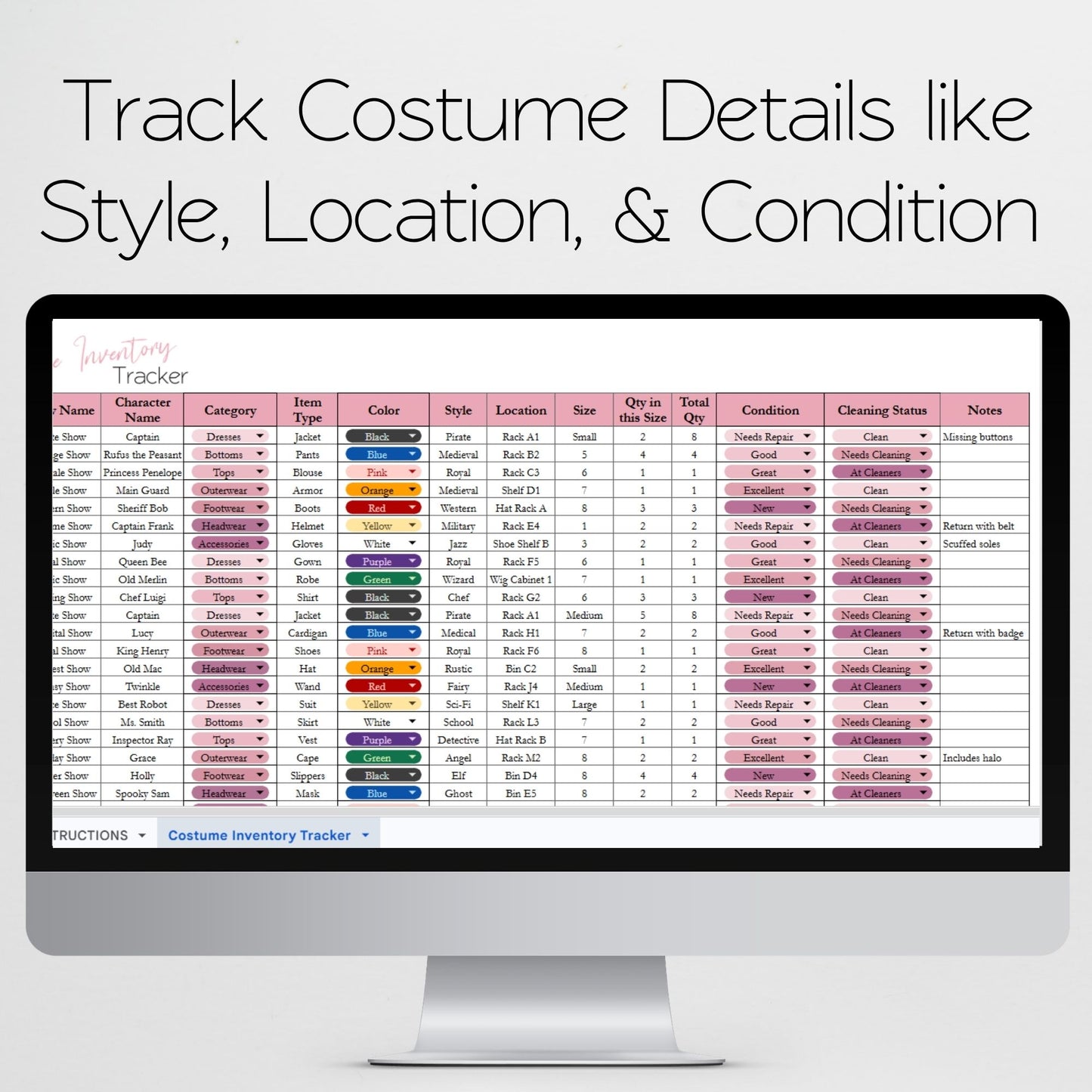 Costume Inventory Tracker Template for Theatre, Cosplay & Halloween | Prop & Rental Log for Google Sheets & Excel