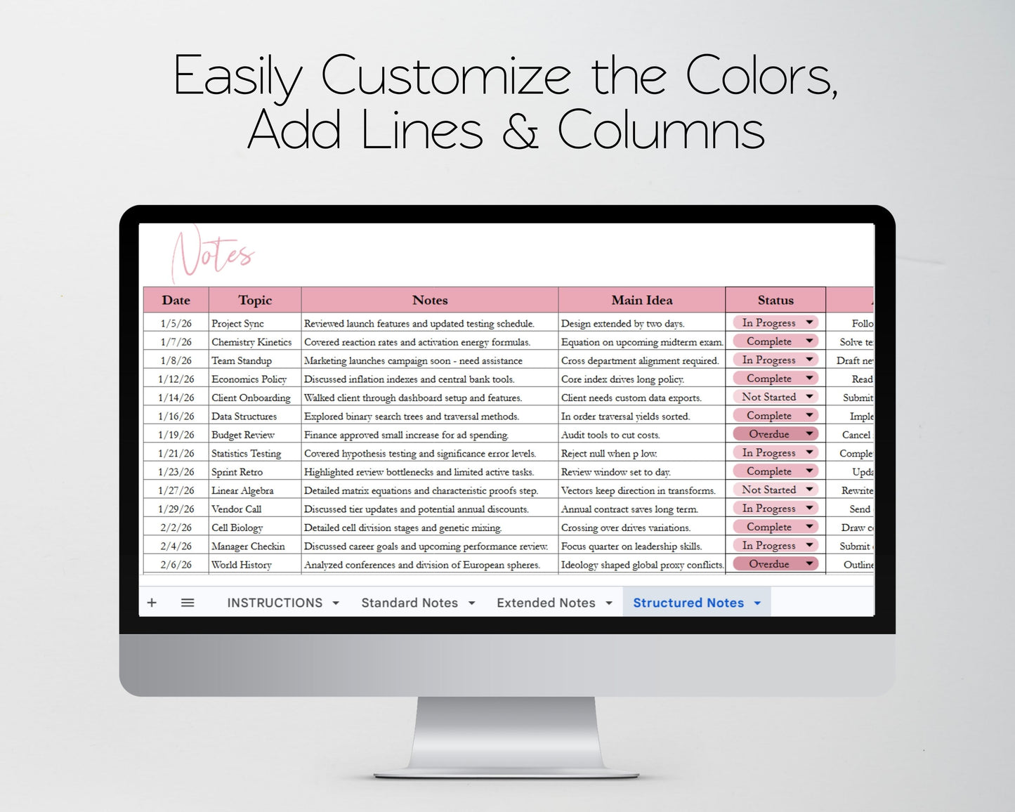 Note Taking Template – Google Sheets and Excel Spreadsheet –  Digital Journal for College Students & Meetings – Editable, Printable