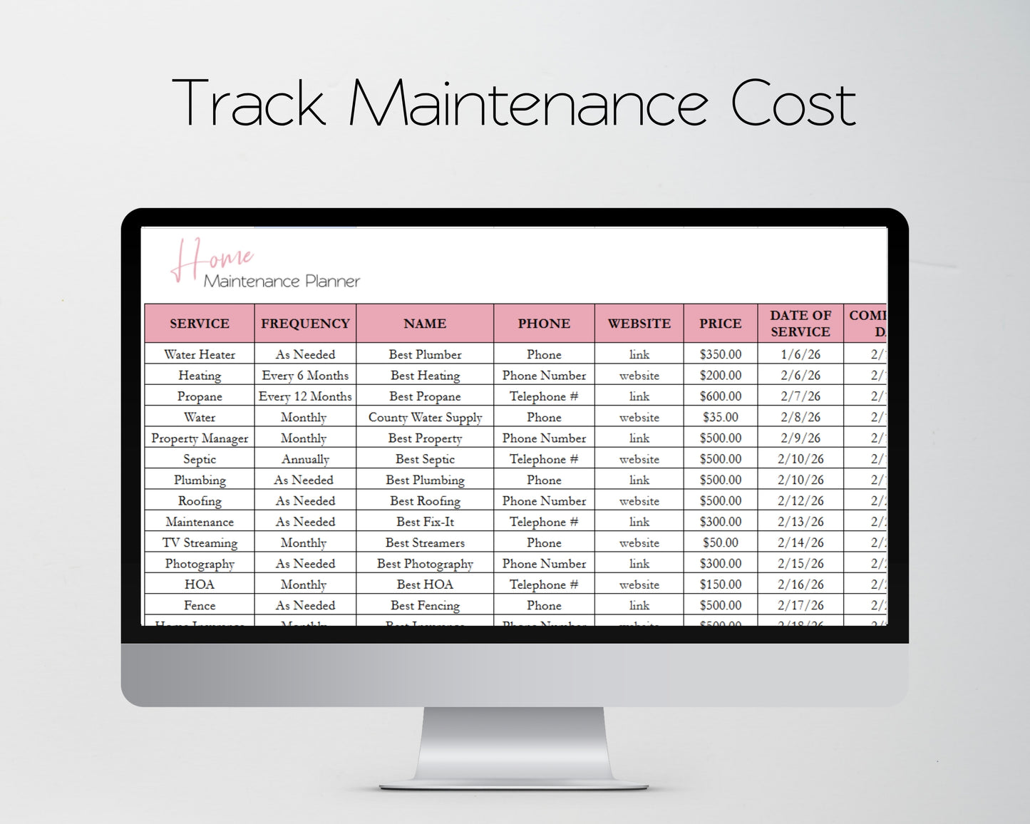 Home Maintenance Tracker Template for Google Sheets and Excel Spreadsheet