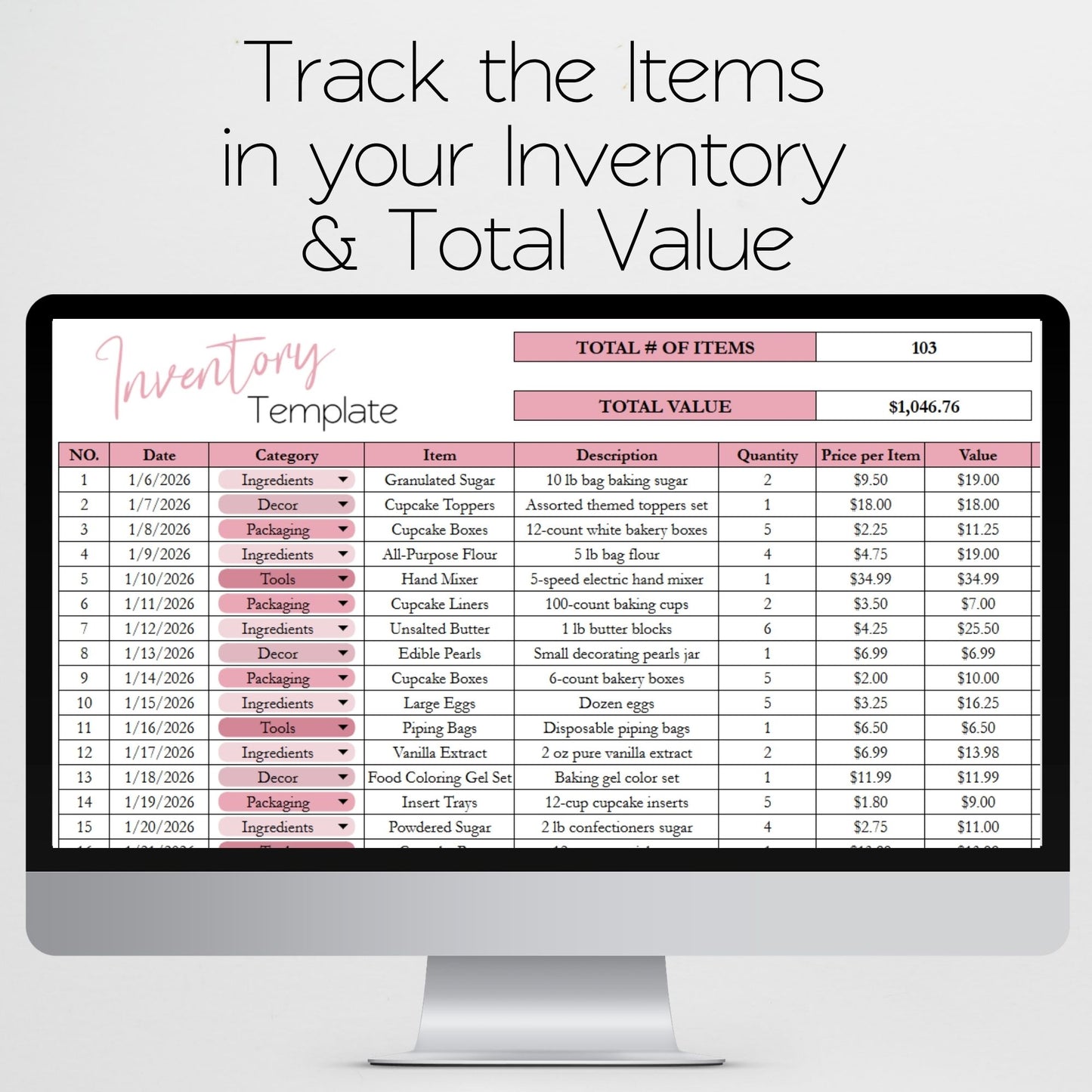 Cupcake Business Spreadsheet Template: Order Tracking, Pricing & Cost Calculator, Inventory Tracker for Google Sheets & Excel for Home Bakers