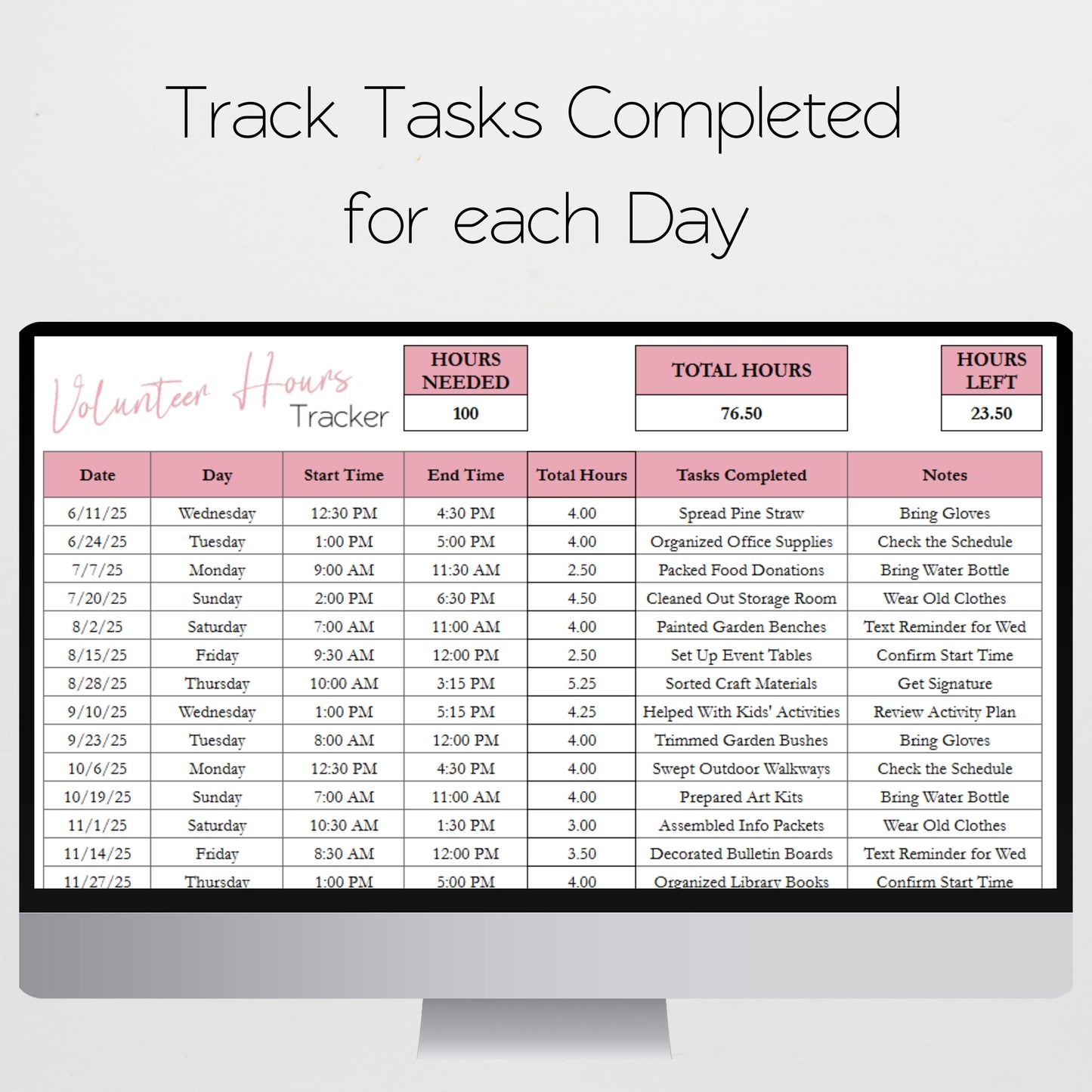 Volunteer Hours Log Template Google Sheets and Excel Spreadsheet