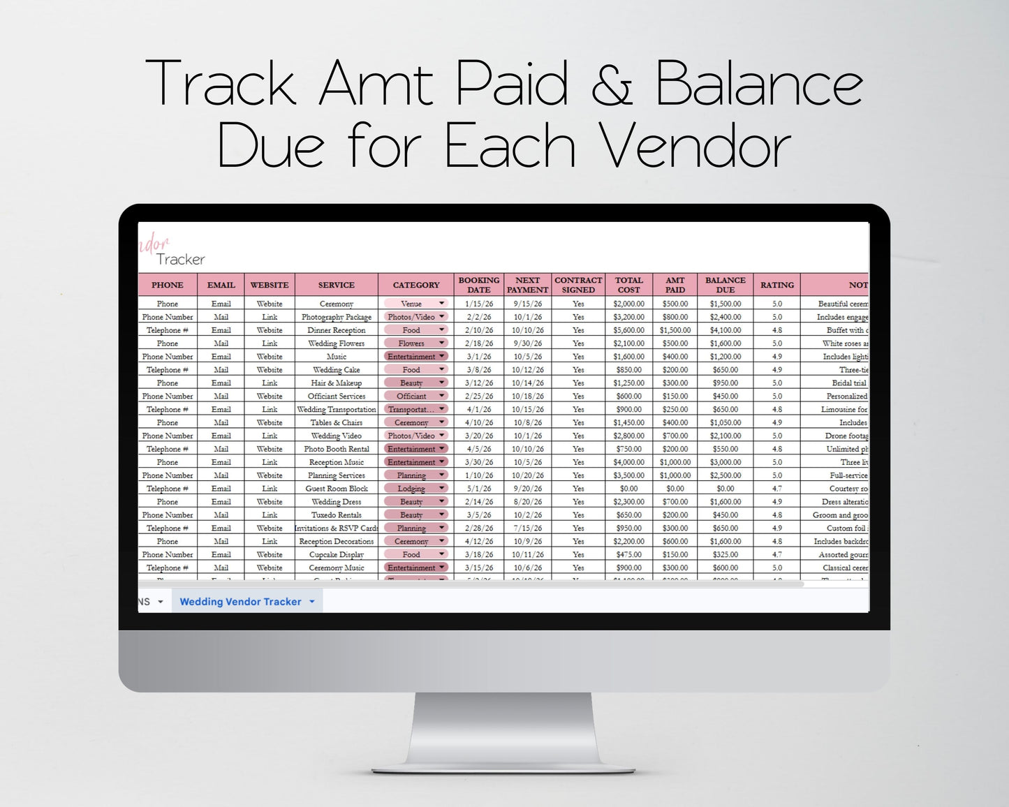 Wedding Vendor Tracker Spreadsheet | Google Sheets & Excel Template for Wedding Planning