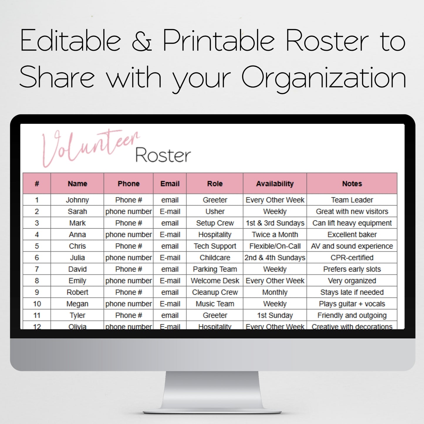 Volunteer Roster Template Google Sheets and Excel Spreadsheet