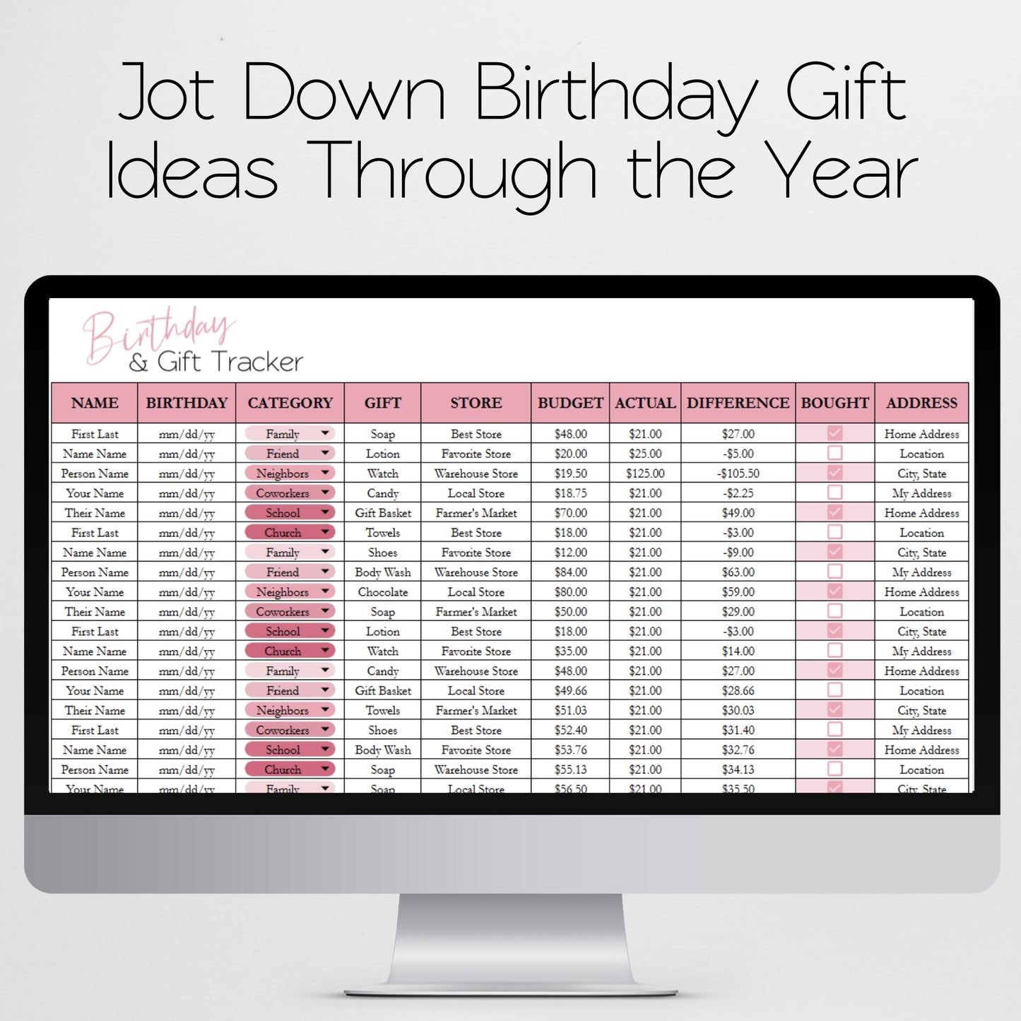 Birthday Tracker and Gift Tracker Google Sheet and Excel Spreadsheet