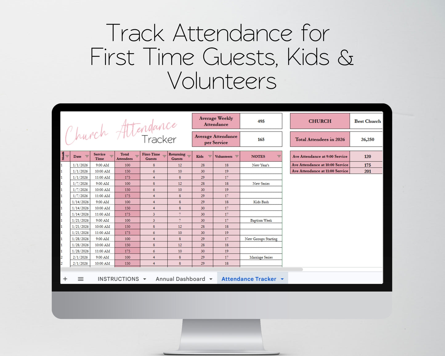 Church Attendance Tracker - Sunday Service, Regular Attendees, Visitors, Kids, Monthly & Annual Charts - Google Sheets and Excel Spreadsheet Template